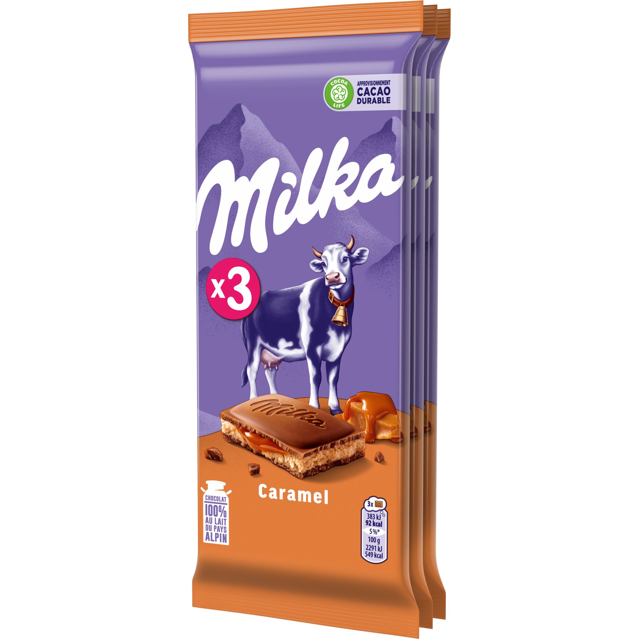 MILKA Tablette de chocolat au lait fourrée caramel 3 pièces 3x100g
