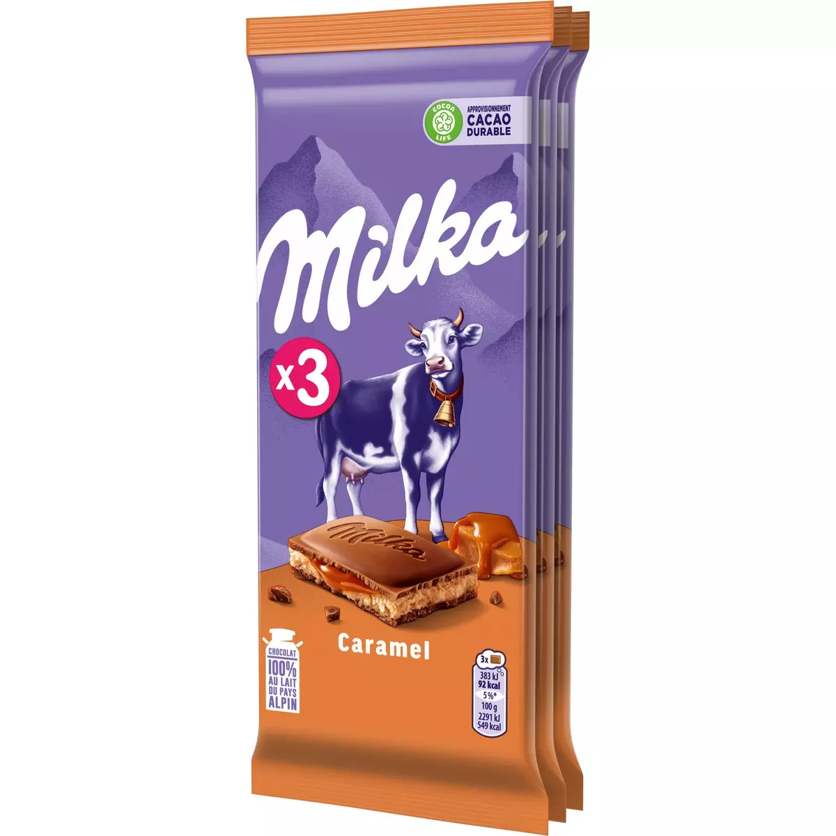 MILKA Tablette de chocolat au lait fourrée caramel 3 pièces 3x100g