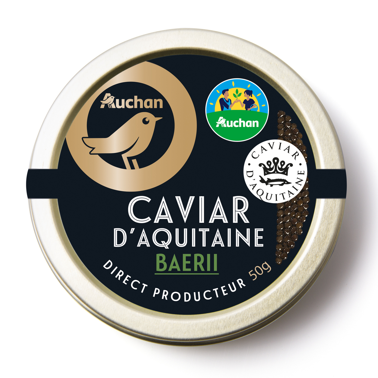 Voir la diapositive 2 : AUCHAN CULTIVONS LE BON Caviar d'Aquitaine Baerii filière responsable 50g