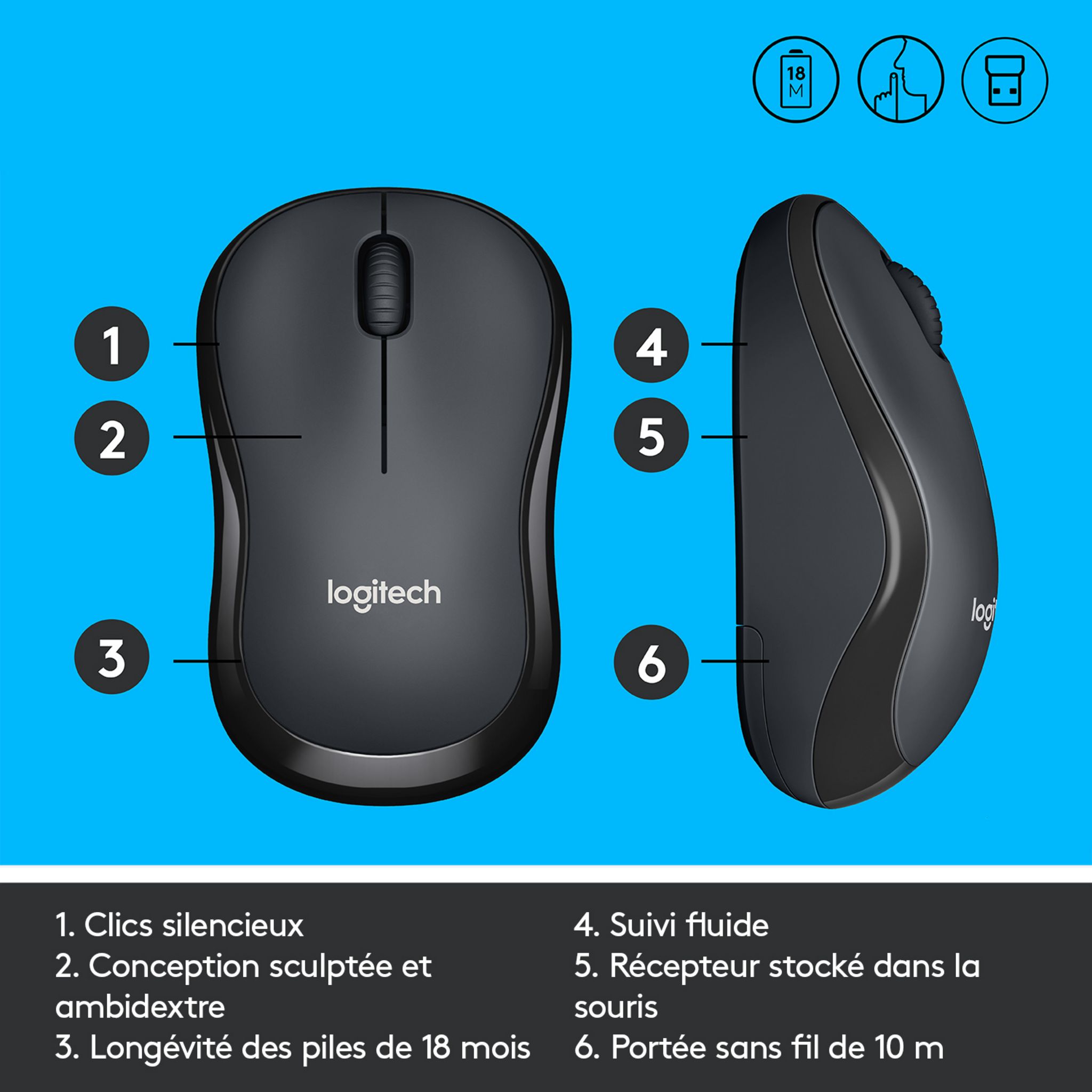 Voir la diapositive 2 : LOGITECH Souris Sans Fil M220 Silencieuse Noire