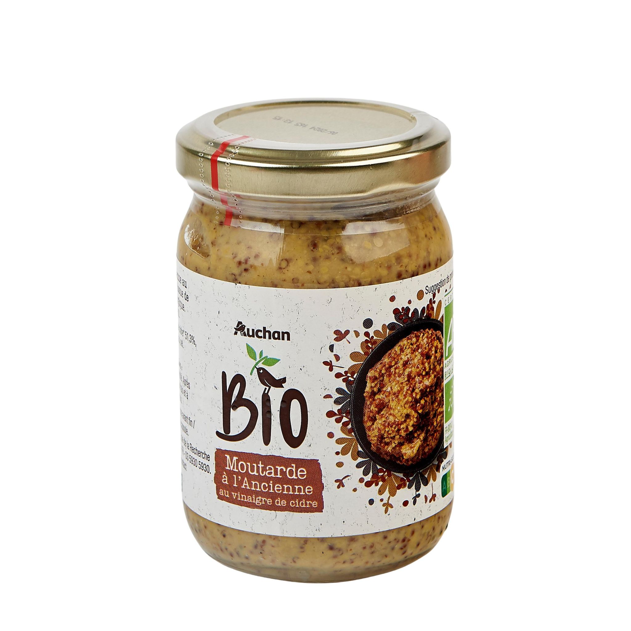 Voir la diapositive 2 : AUCHAN BIO Moutarde à l'ancienne au vinaigre de cidre en bocal 200g
