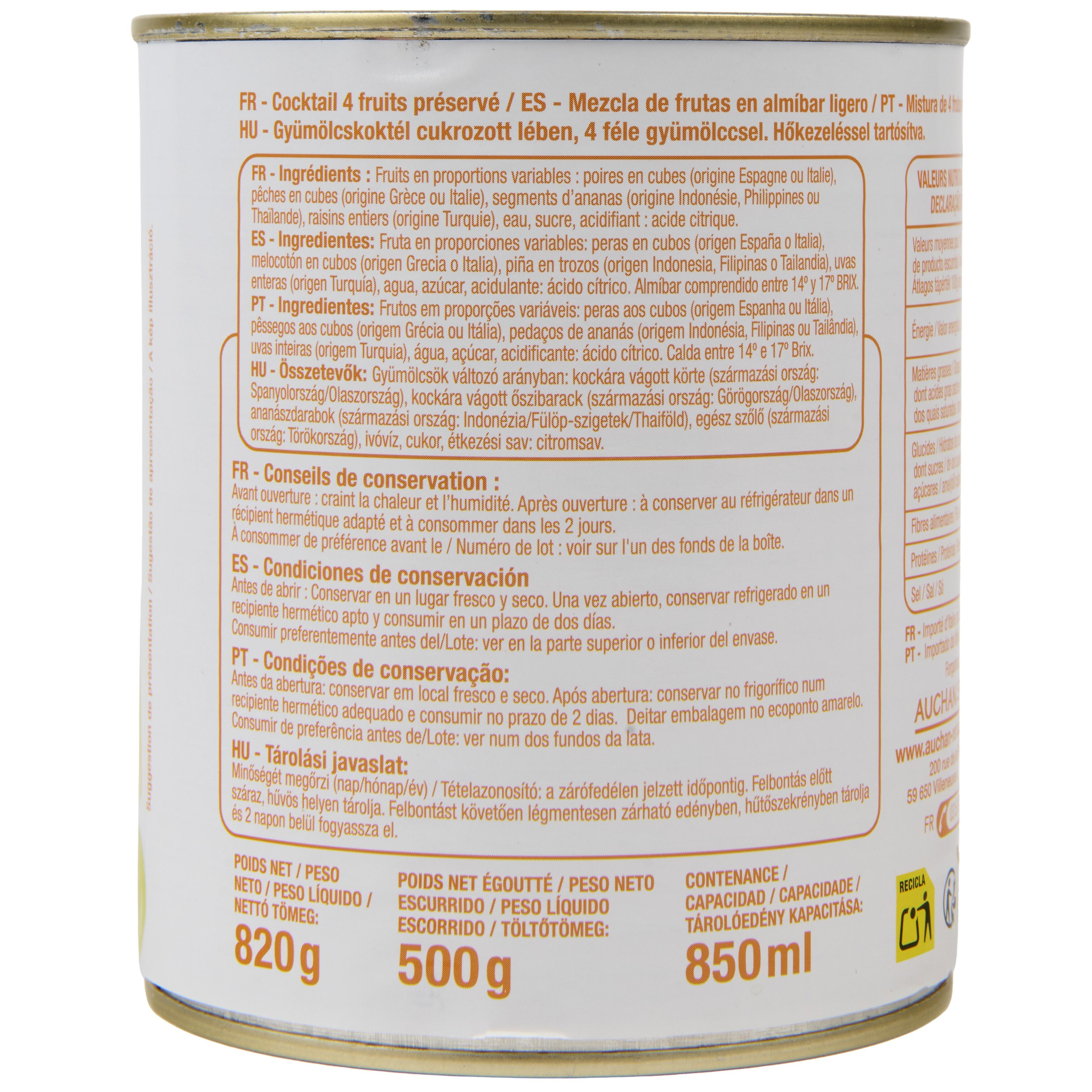 Voir la diapositive 4 : POUCE Cocktail 4 fruits au sirop léger 825g