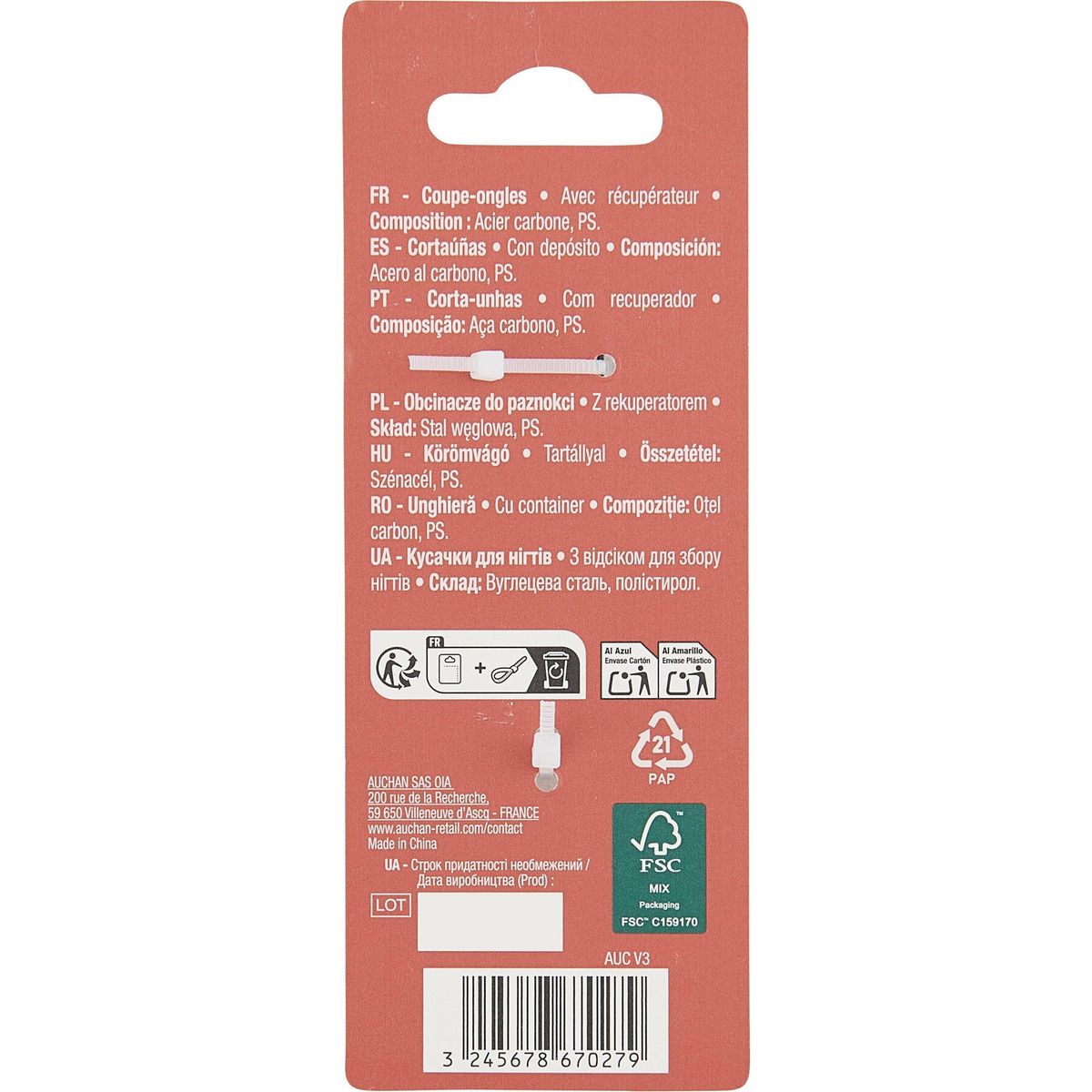 COSMIA Coupe ongle large avec récupérateur 1 pièce