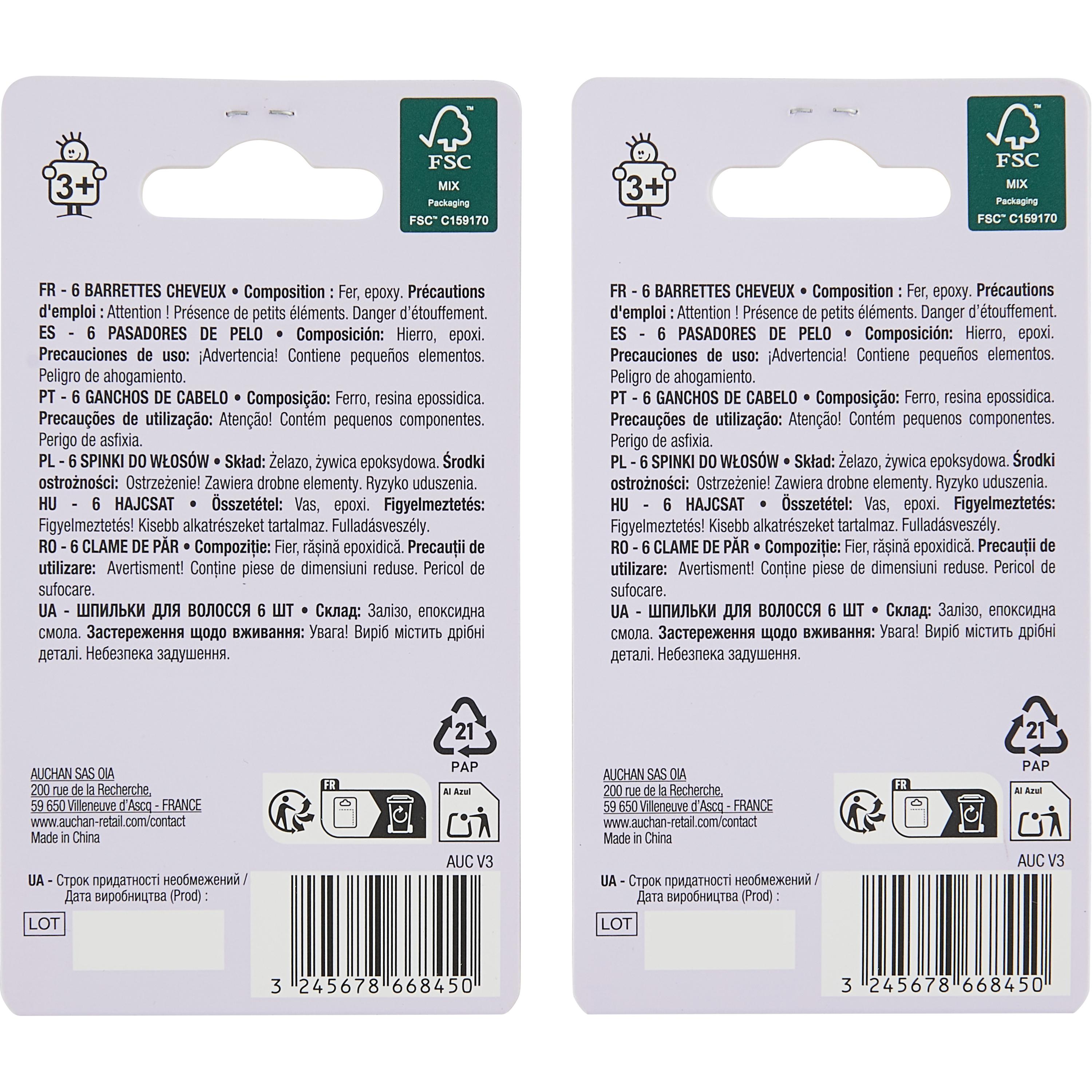 Voir la diapositive 3 : AUCHAN Barrettes cheveux enfants 6 pièces