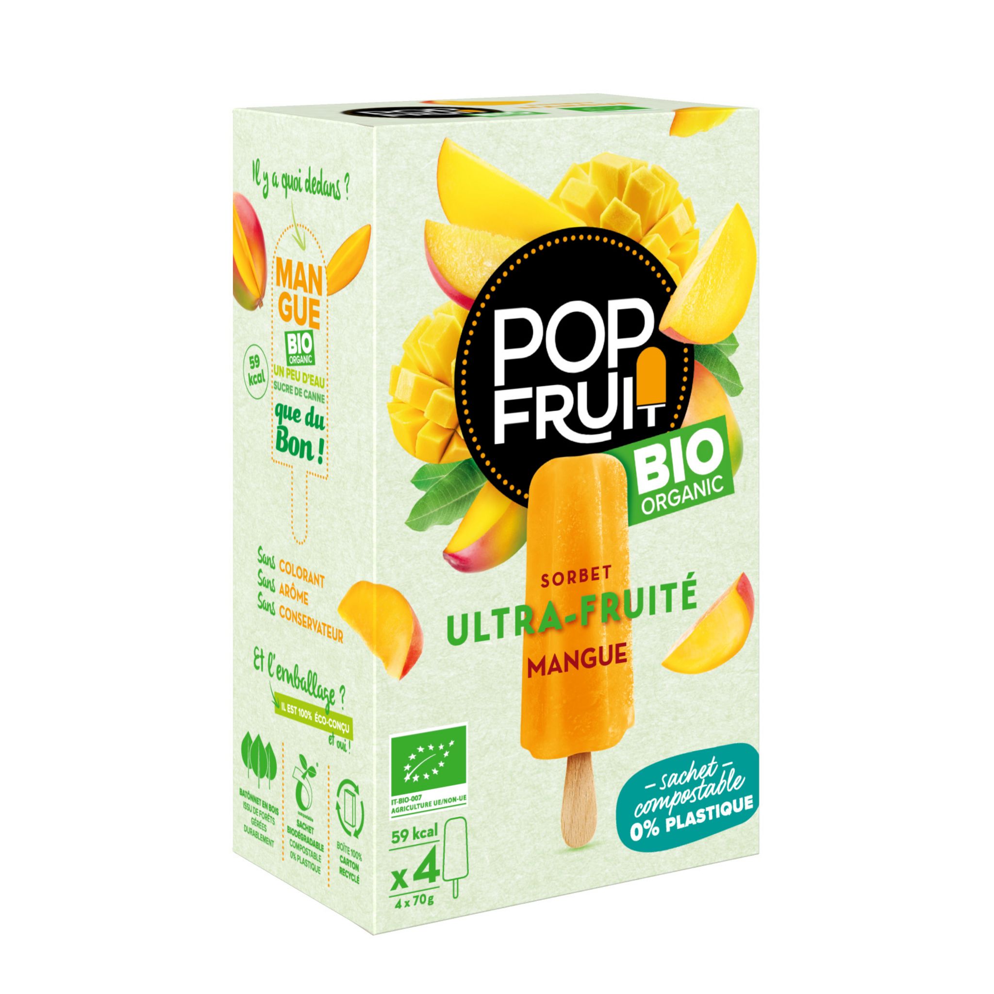 POP'FRUIT Bâtonnet sorbet ultra-fruité mangue bio 4 pièces 280g
