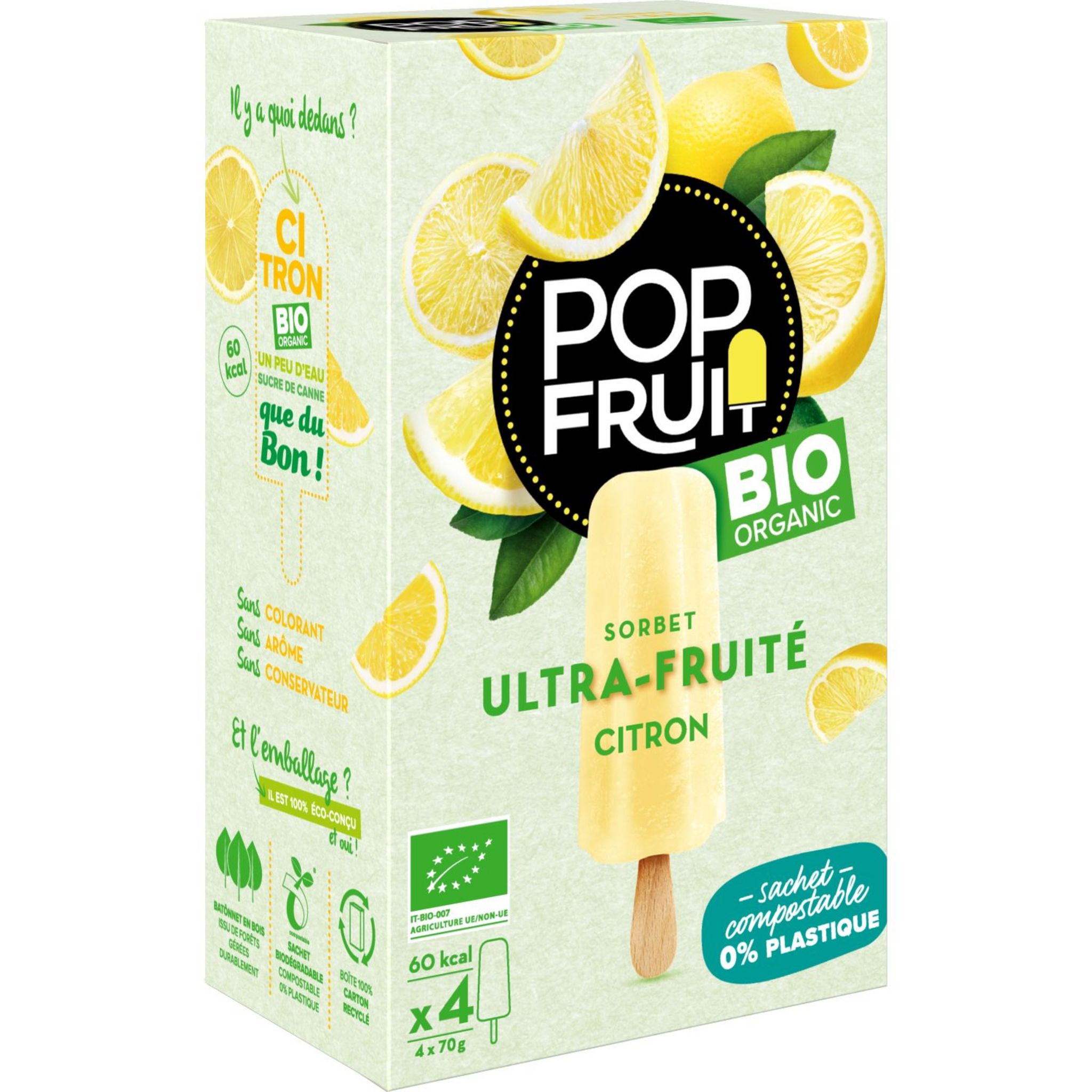 POP'FRUIT Batônnet glacé au citron bio 4 batônnets 280g