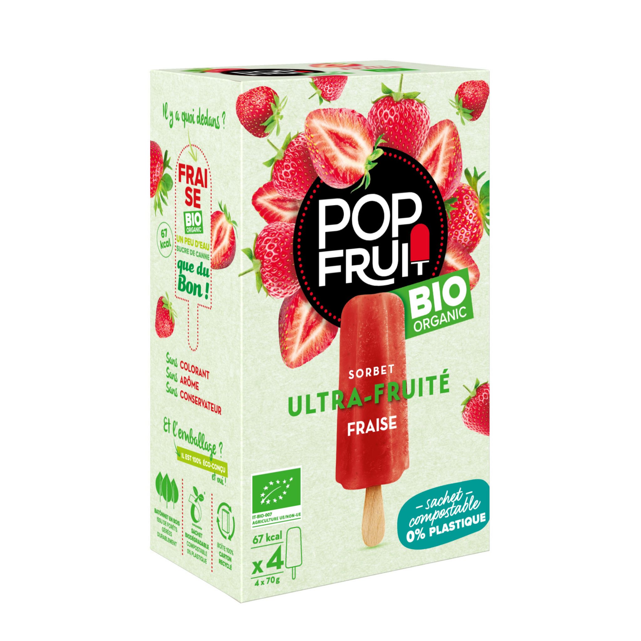 POP'FRUIT Bâtonnet glacé sorbet fraise bio ultra-fruité 4 pièces 280g