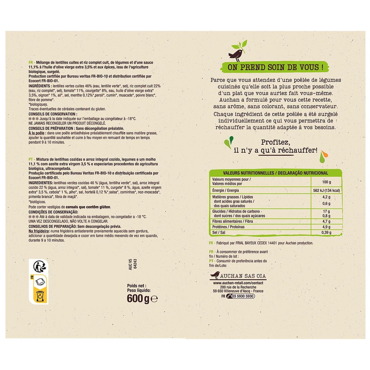 AUCHAN BIO Poêlée à la Libanaise 600g