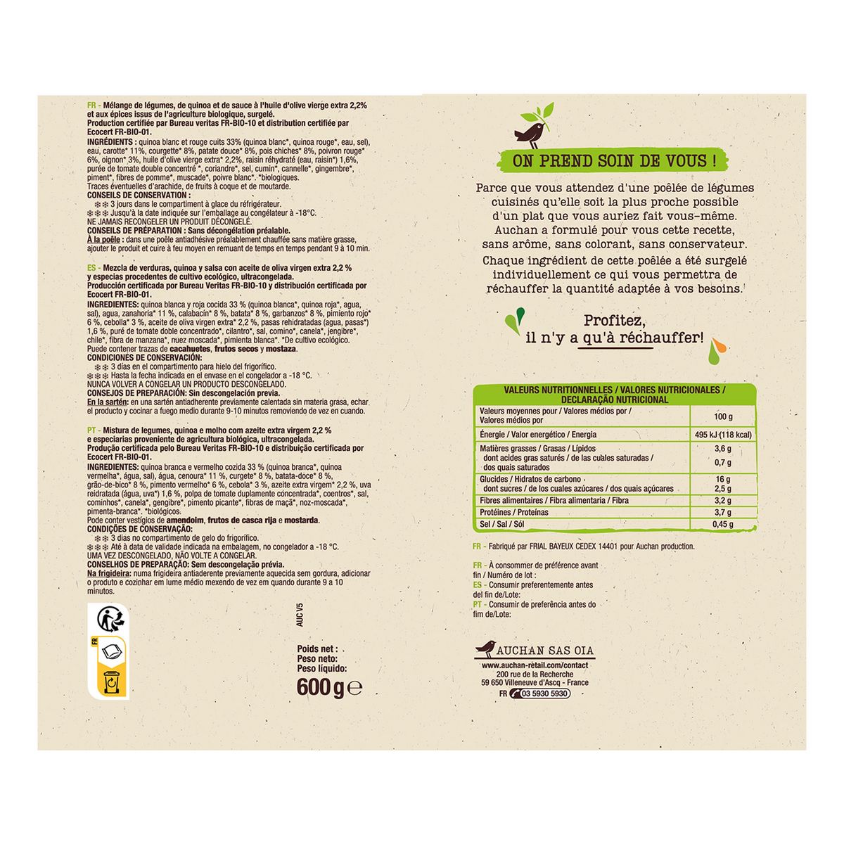 AUCHAN BIO Poêlée façon tajine 3 portions 600g