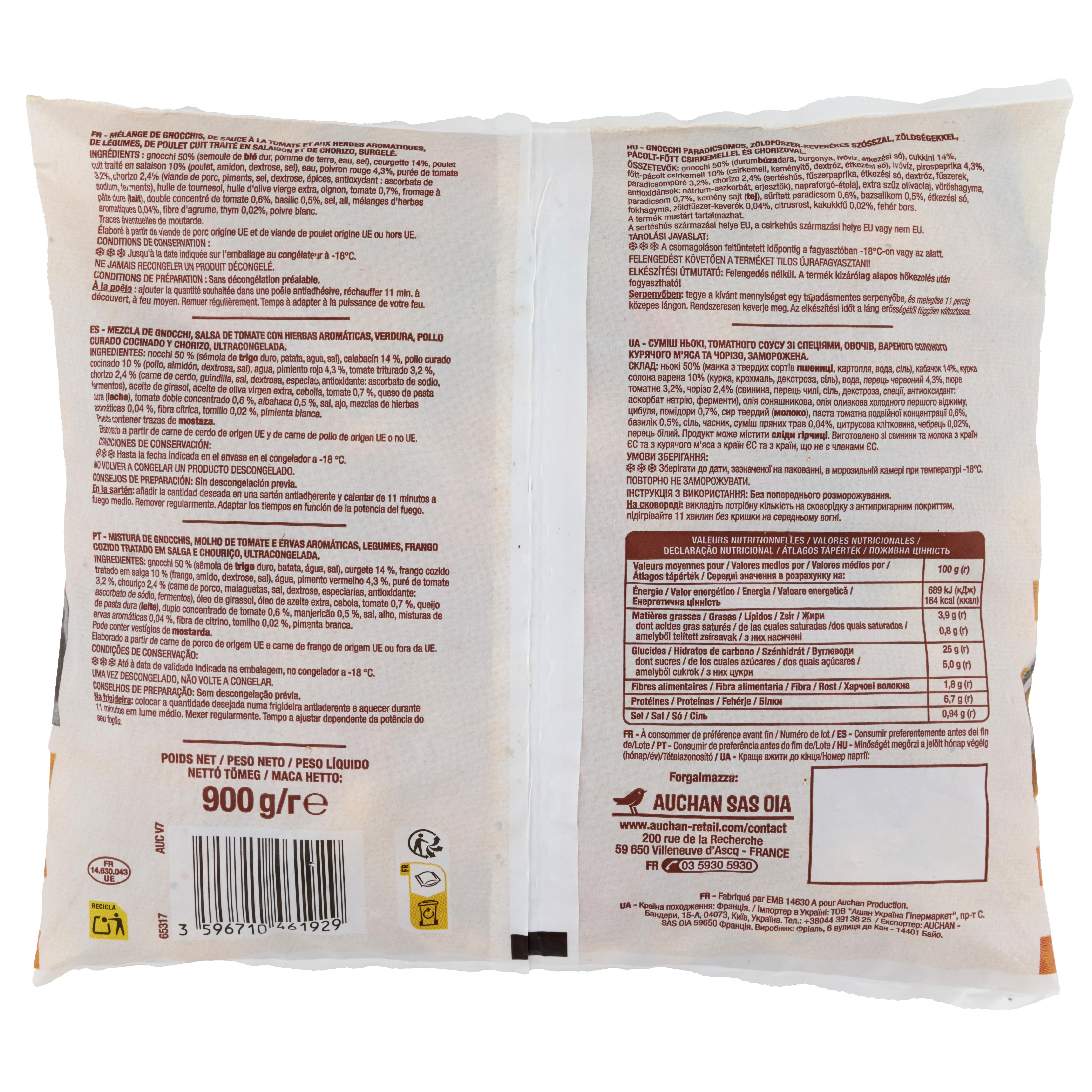 Voir la diapositive 2 : AUCHAN Gnocchi au poulet et chorizo 3 portions 900g