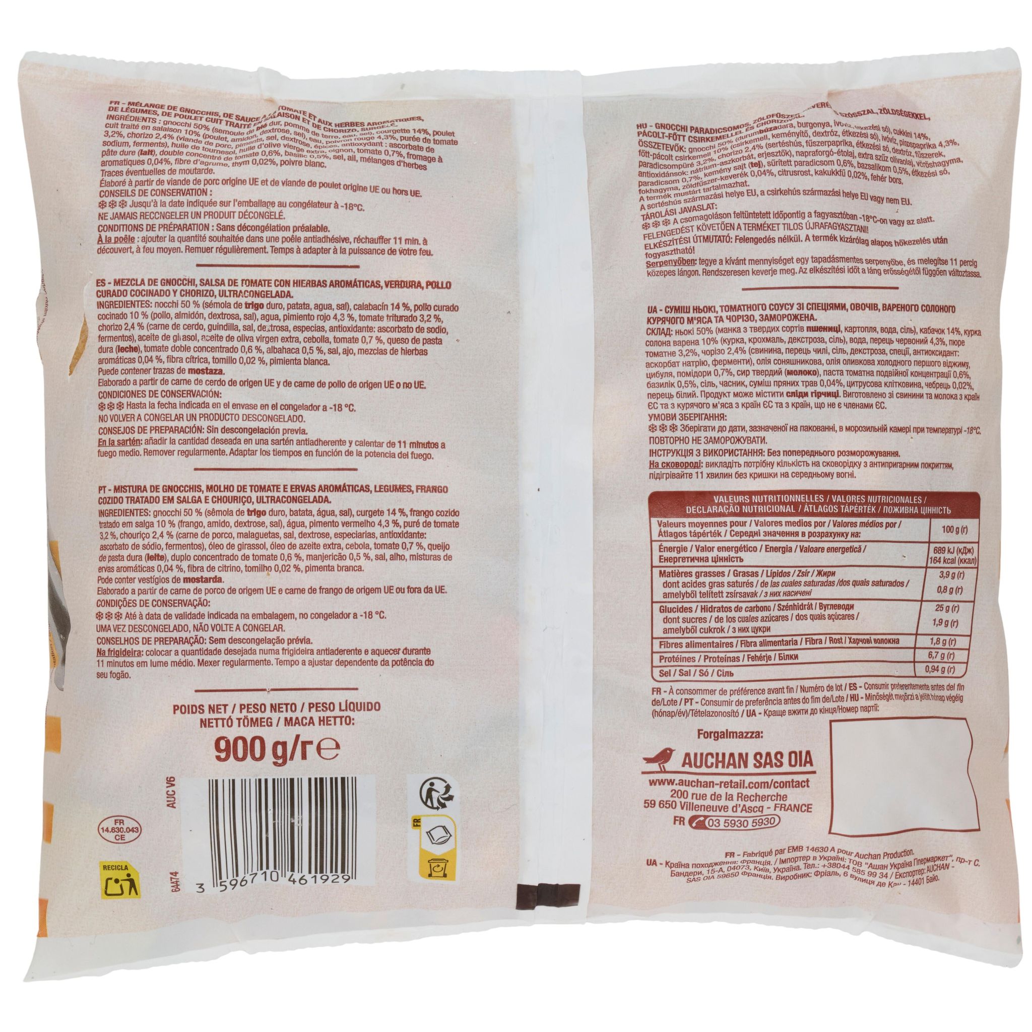 Voir la diapositive 3 : AUCHAN Gnocchi au poulet et chorizo 3 portions 900g