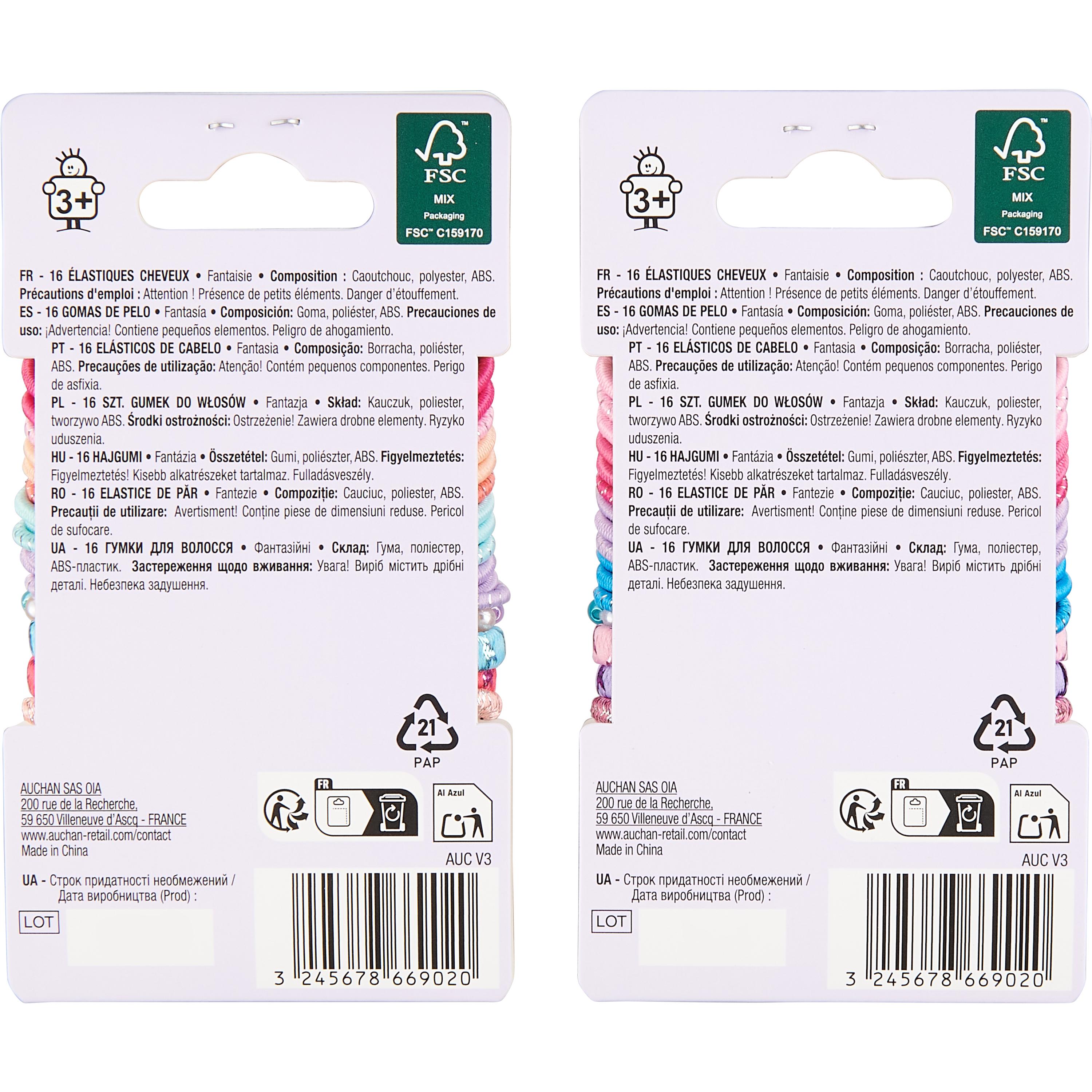 Voir la diapositive 3 : AUCHAN Elastiques cheveux enfant 16 pièces
