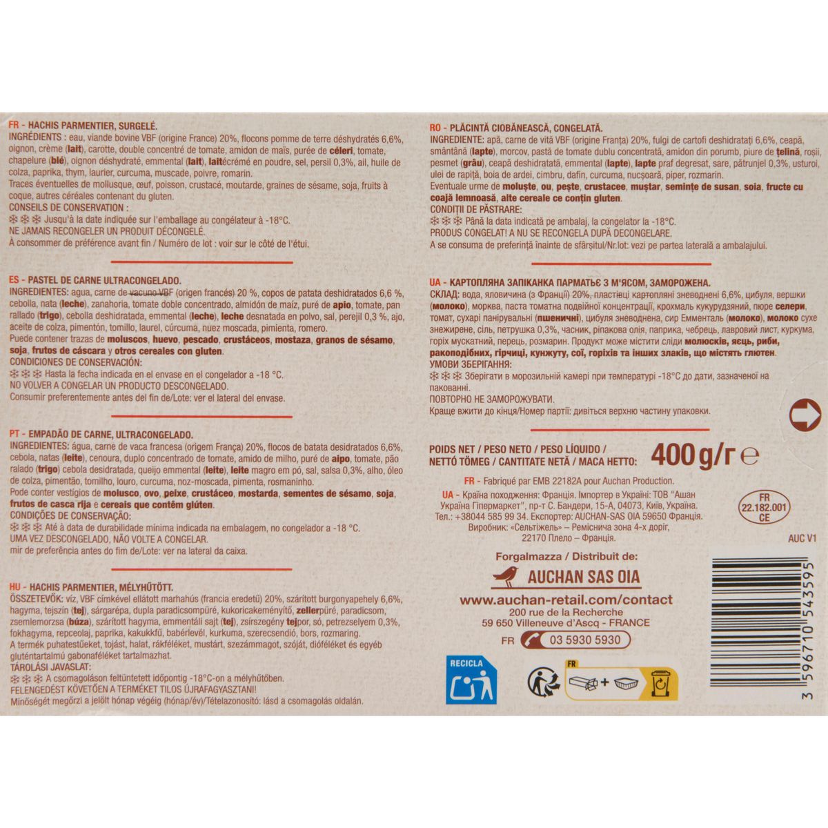 AUCHAN Hachis parmentier 1 portion 400g