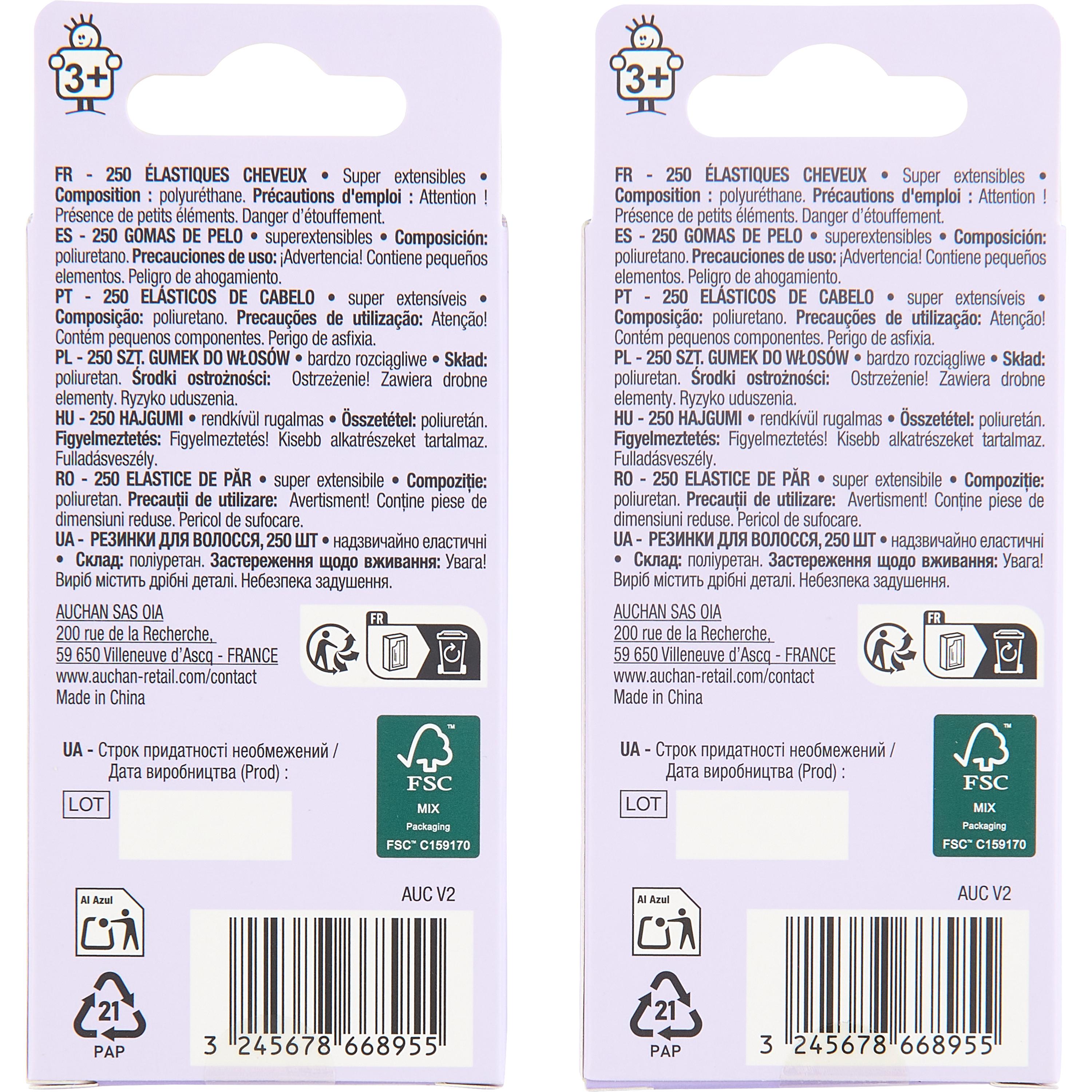 Voir la diapositive 3 : AUCHAN Elastiques cheveux enfant 250 pièces