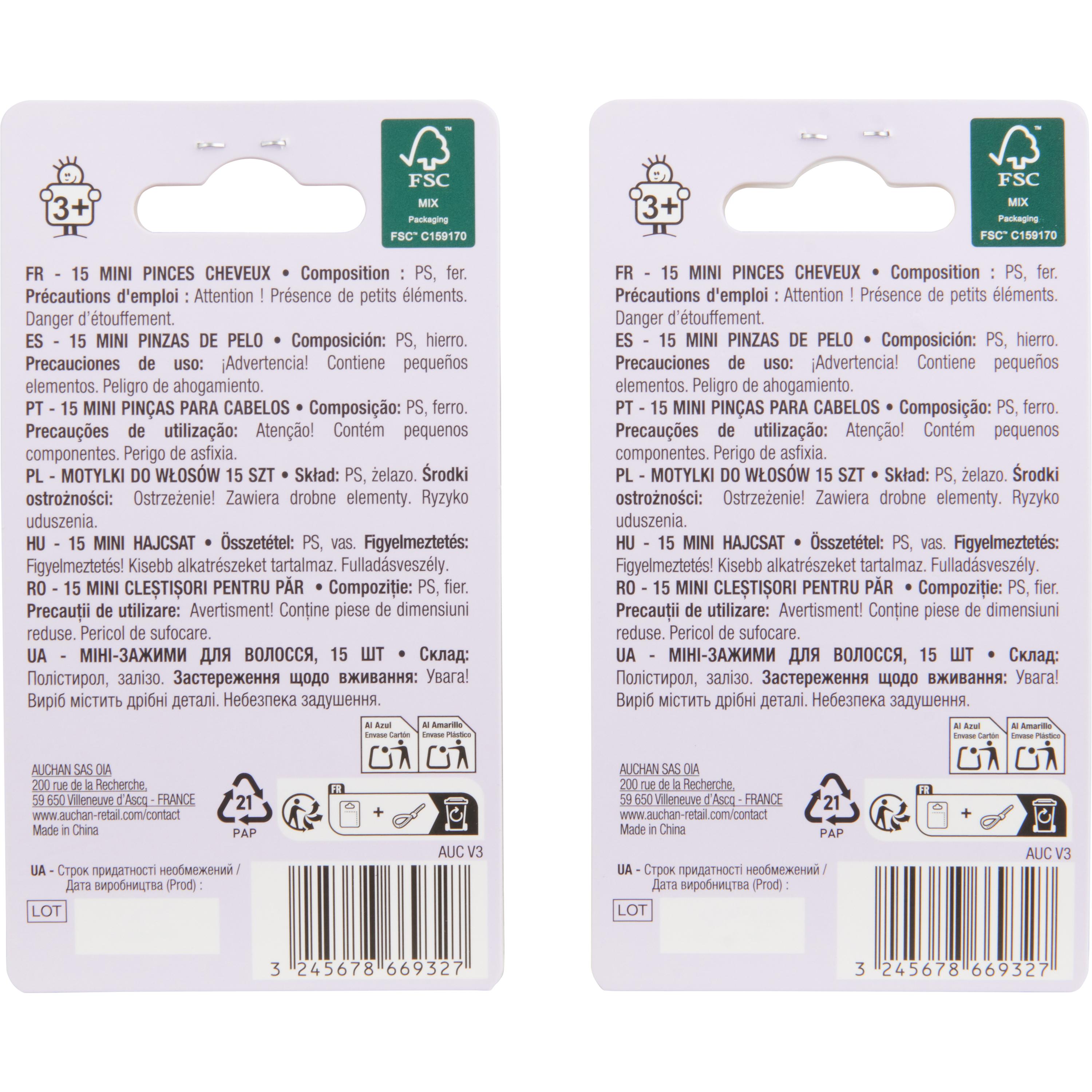 Voir la diapositive 2 : AUCHAN Mini pinces cheveux enfant 15 pièces