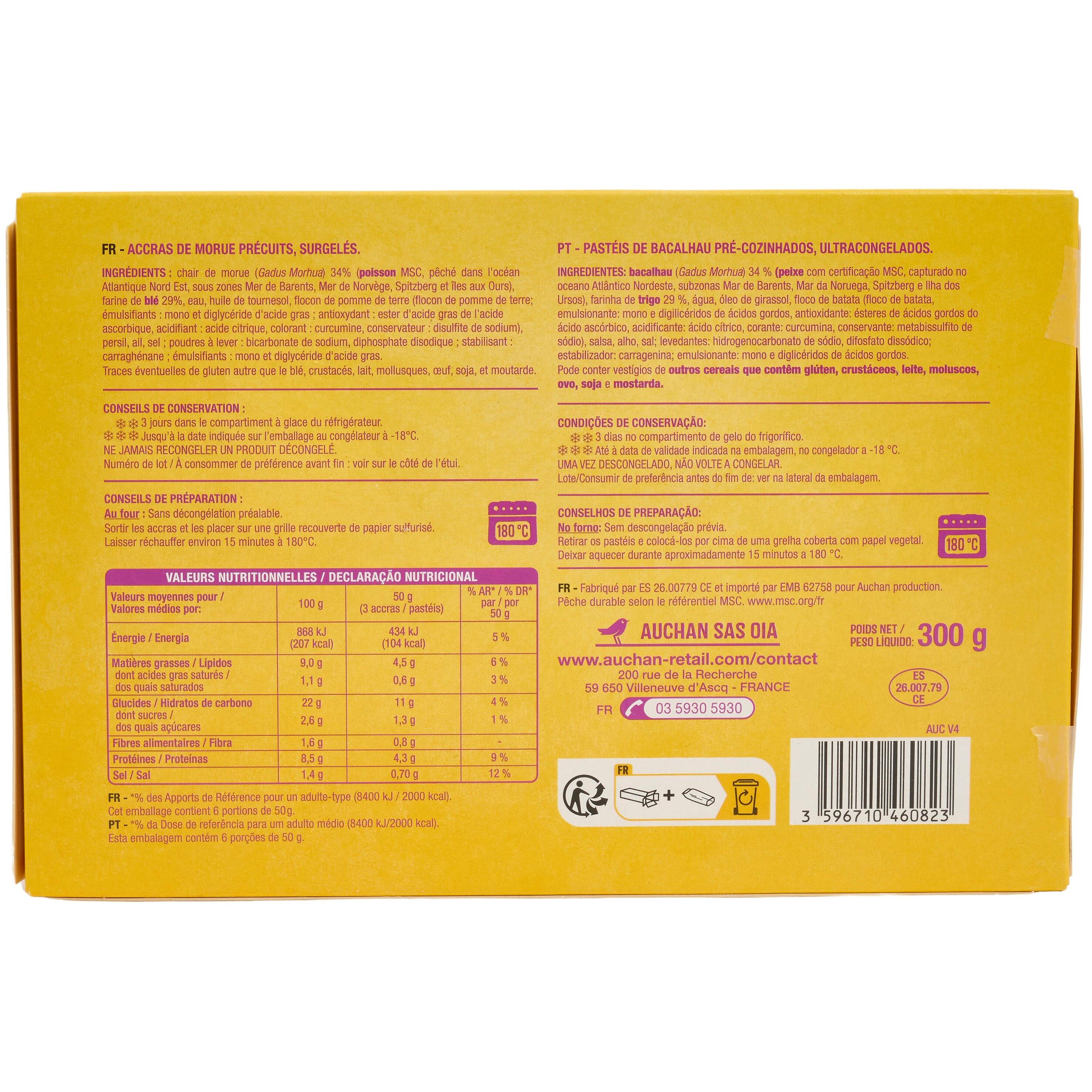 Voir la diapositive 2 : AUCHAN Accras de morue - MSC 18 pièces 300g