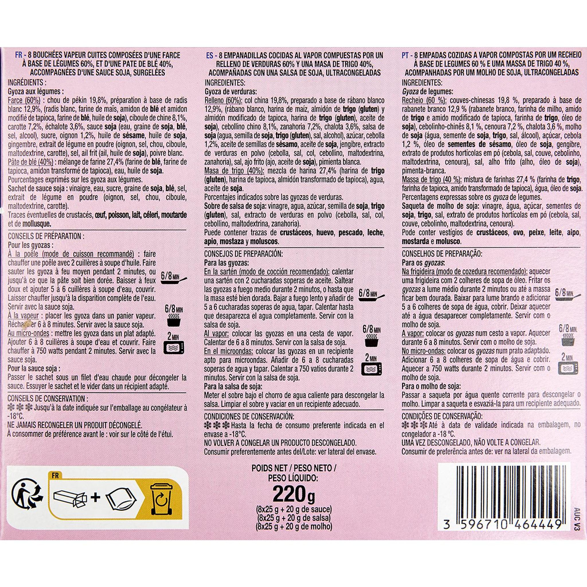 Voir la diapositive 2 : AUCHAN Gyoza légumes sauce soja 8 pièces 220g