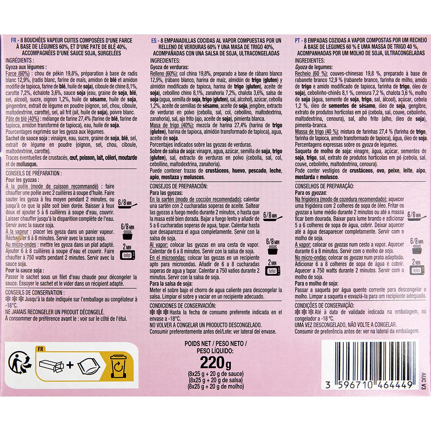 Voir la diapositive 4 : AUCHAN Gyoza légumes sauce soja 8 pièces 220g