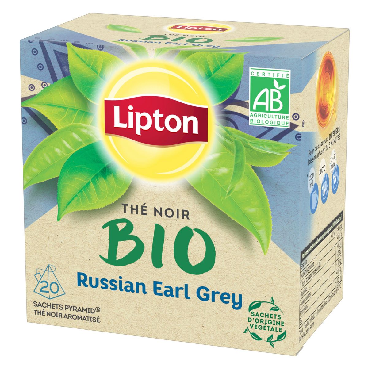LIPTON Thé noir bio Russiant Earl Grey 20 sachets 32g