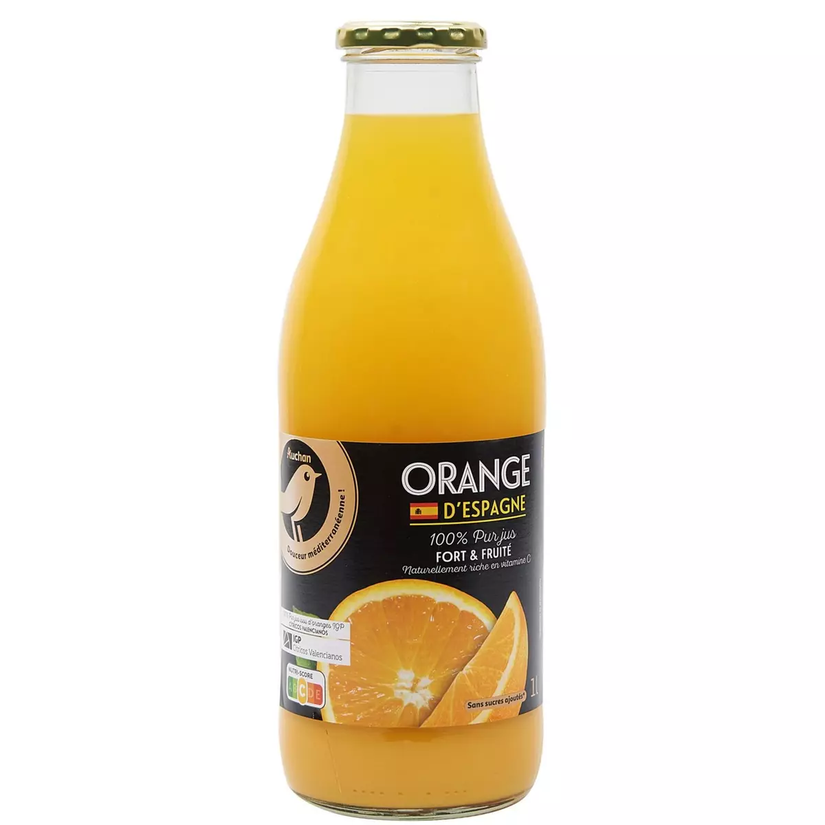 AUCHAN GOURMET Pur jus d'orange d'Espagne bouteille verre 1l