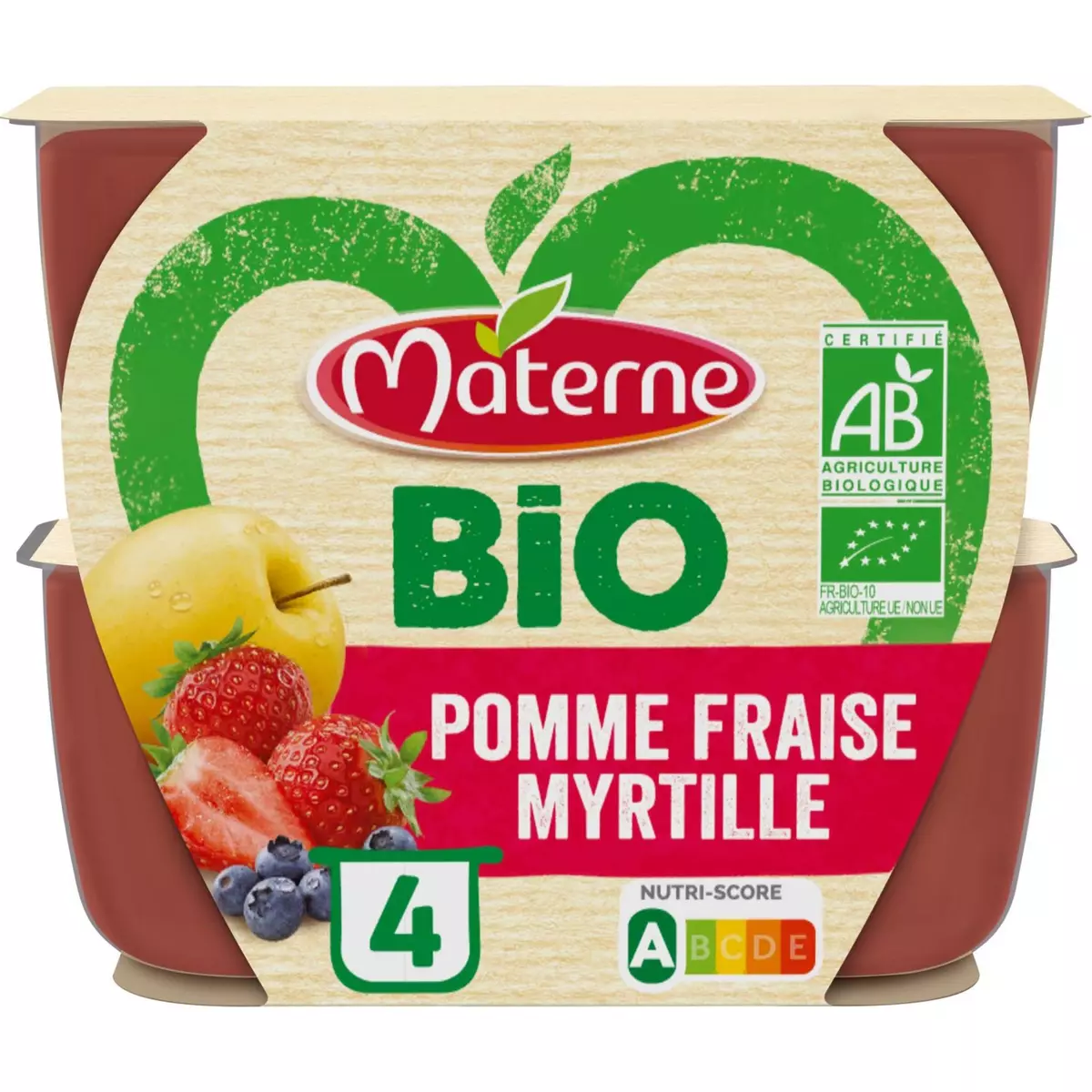MATERNE Coupelles bio pomme fraise myrtille sans sucres ajoutés sans conservateur 4x100g