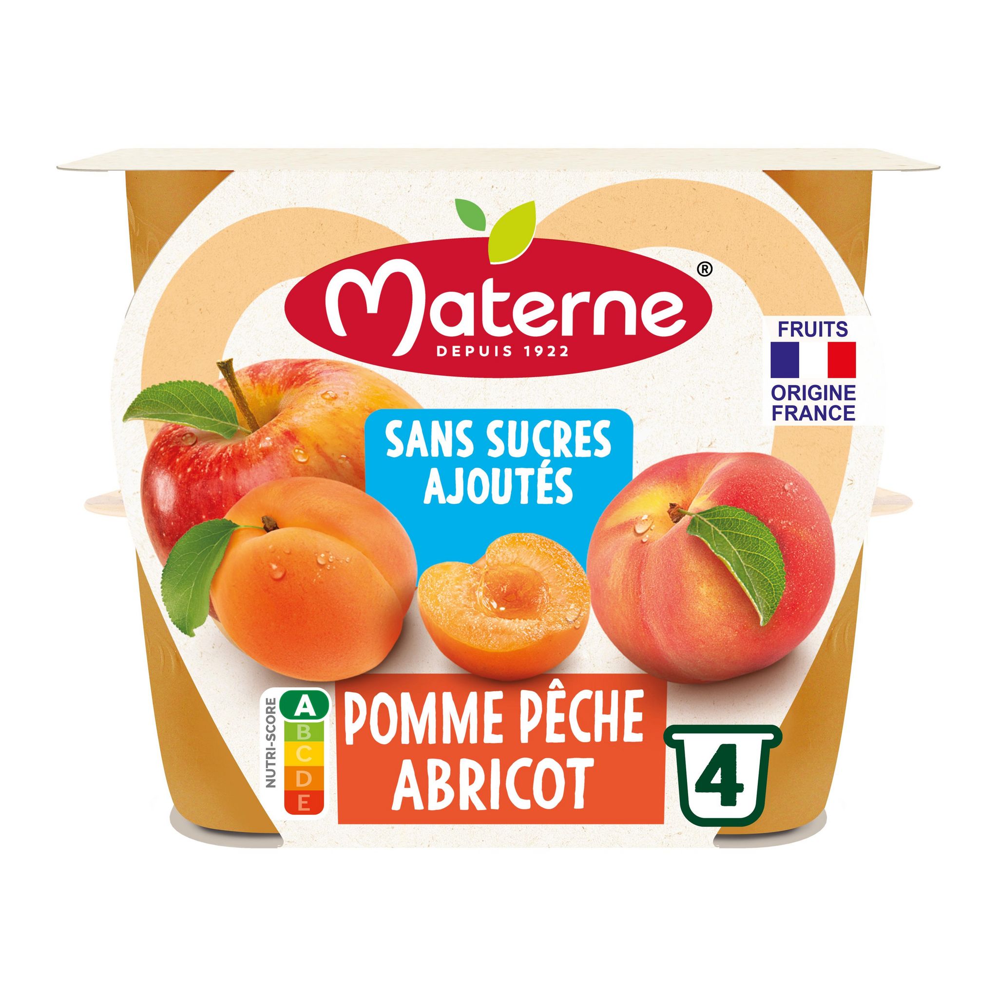 Voir la diapositive 2 : MATERNE Coupelles de compotes de pomme pêche abricot sans sucres ajoutés 4x100g