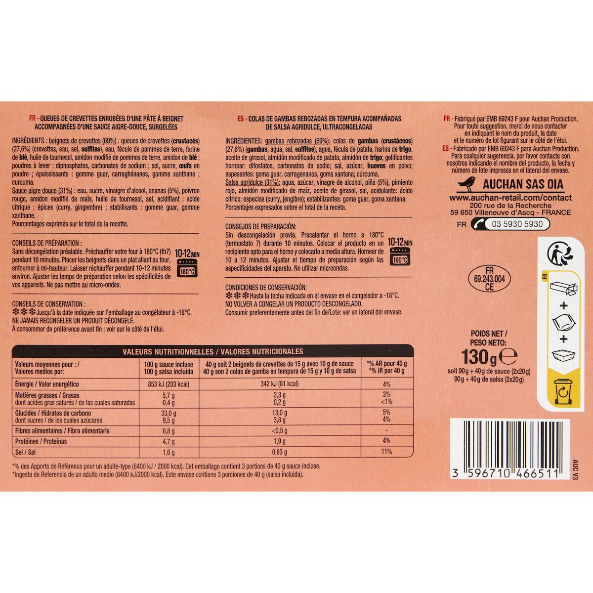 AUCHAN Beignet de crevette 6 pièces 130g