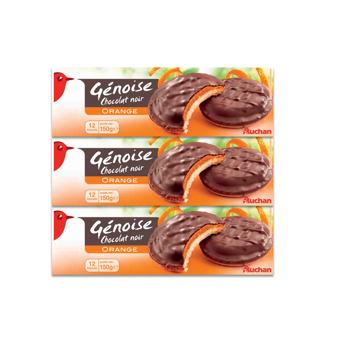 AUCHAN Biscuits génoise chocolat noir à l'orange 3x150g