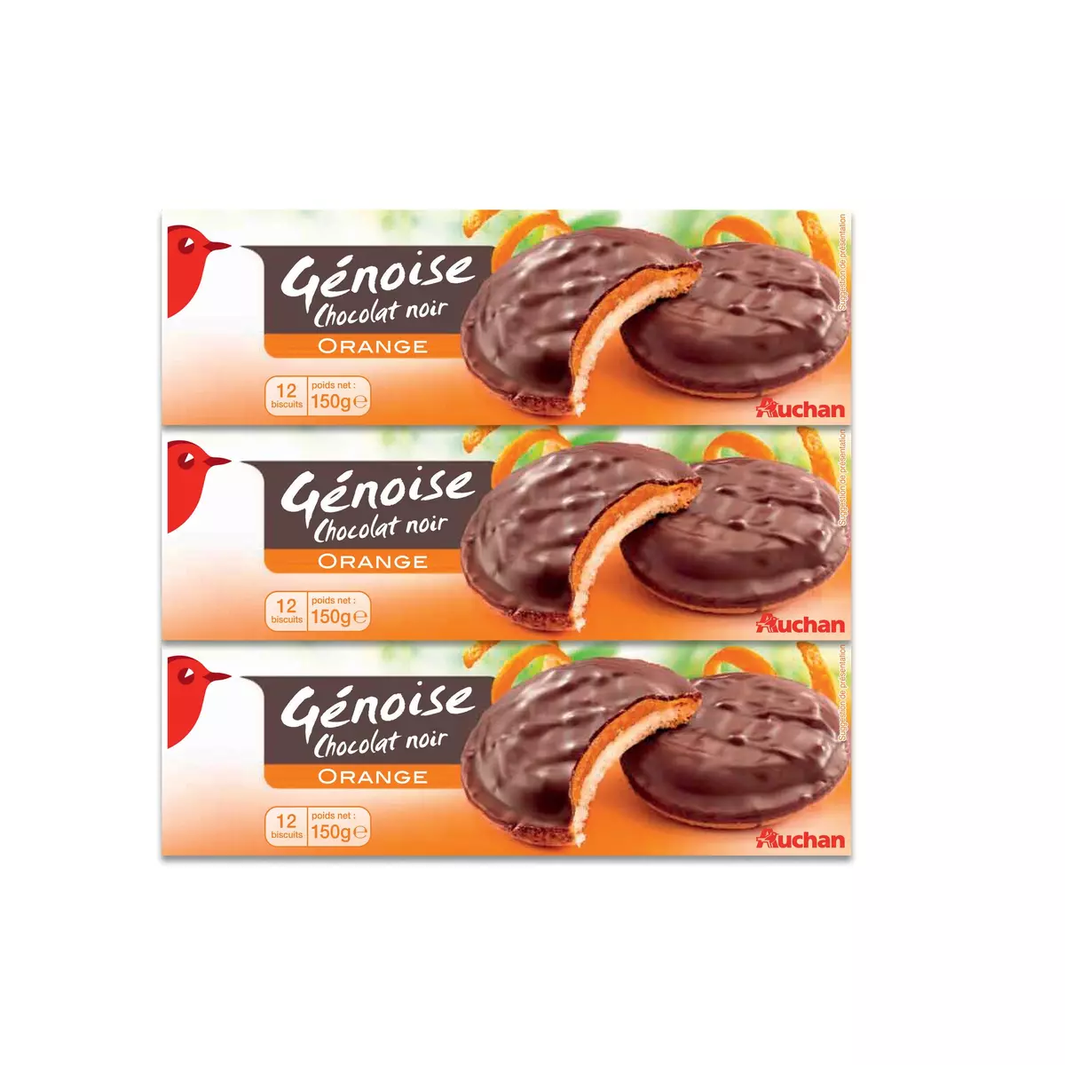 AUCHAN Biscuits génoise chocolat noir à l'orange 3x150g