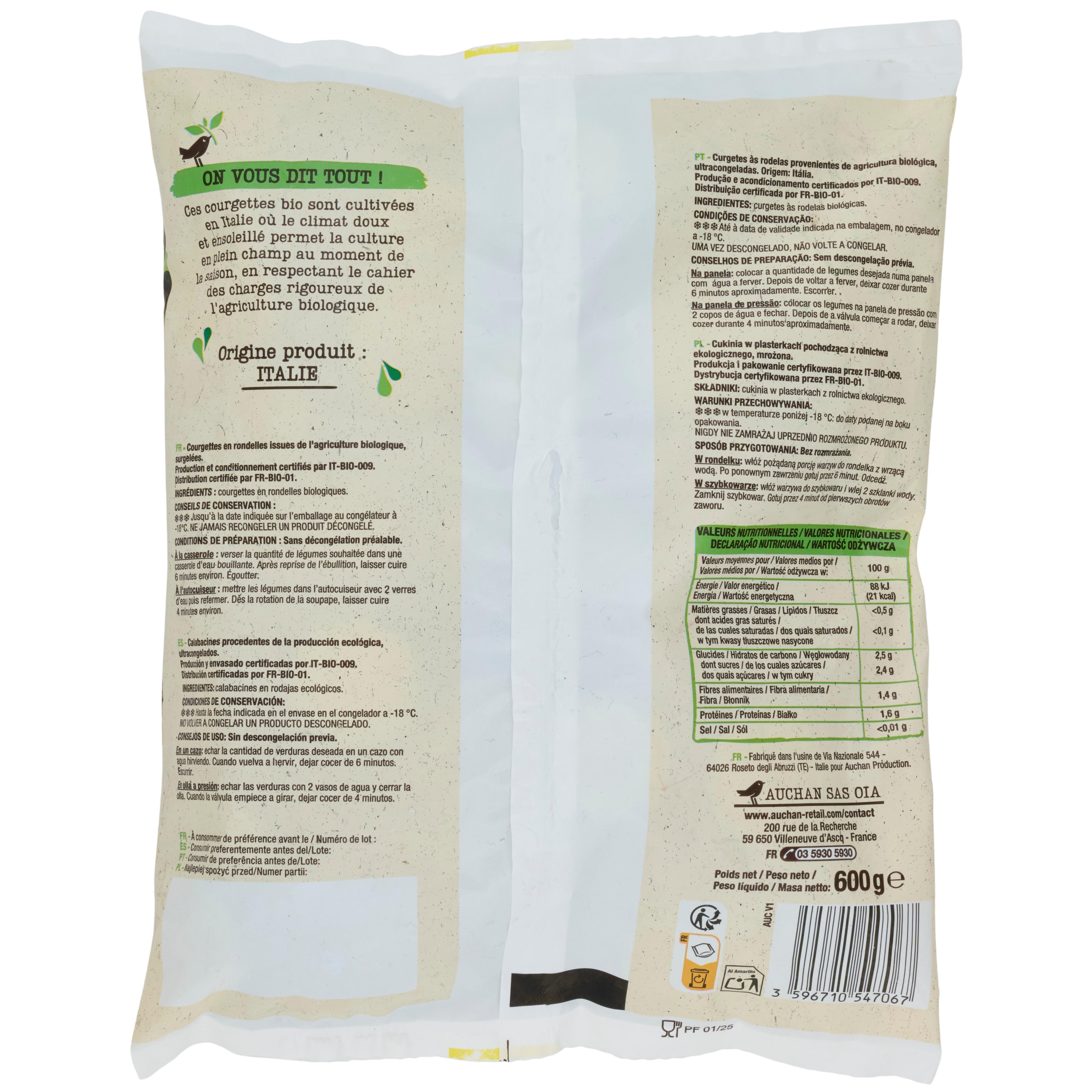 Voir la diapositive 2 : AUCHAN BIO Courgettes en rondelles 3 portions 600g