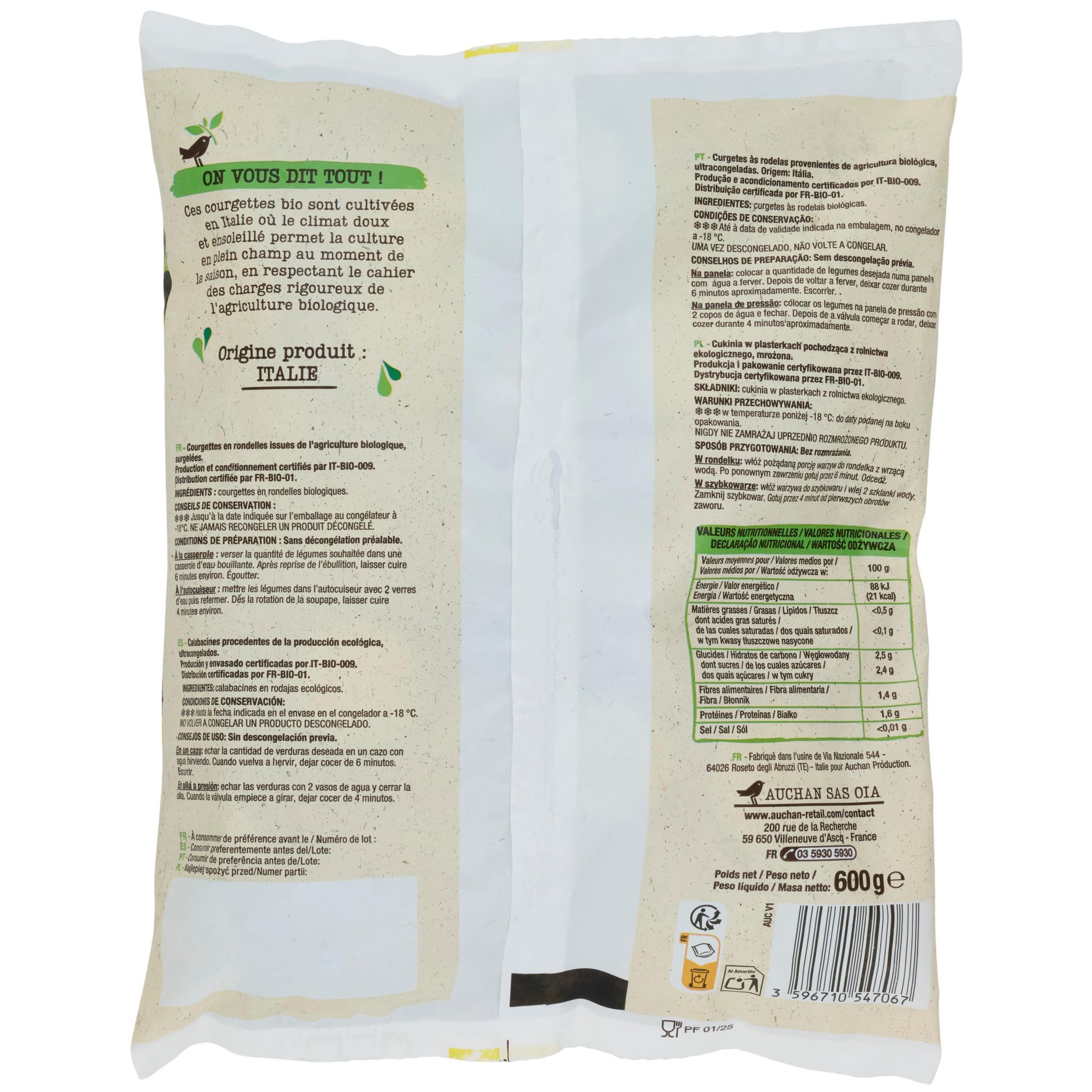 Voir la diapositive 2 : AUCHAN BIO Courgettes en rondelles 3 portions 600g