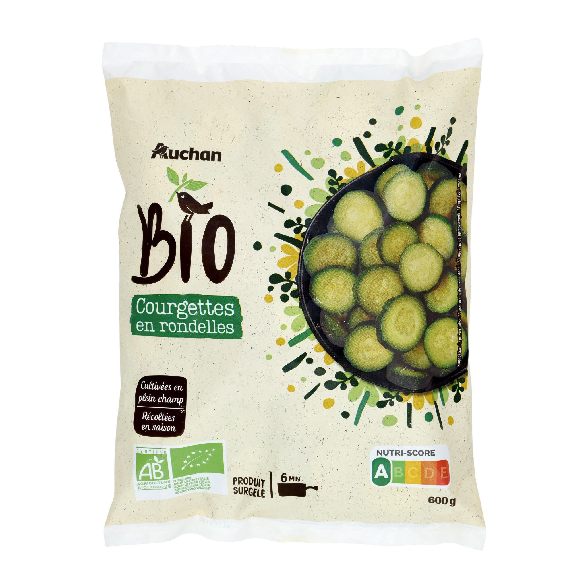 Voir la diapositive 4 : AUCHAN BIO Courgettes en rondelles 3 portions 600g