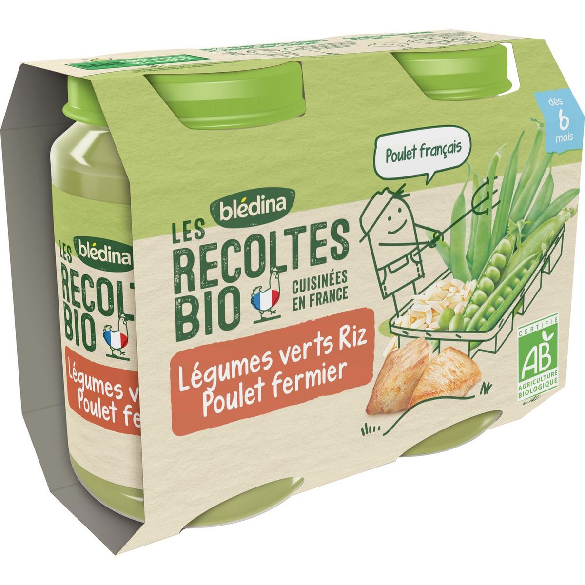 BLEDINA Petit pot légumes verts riz et poulet fermier bio dès 6 mois 2x200g