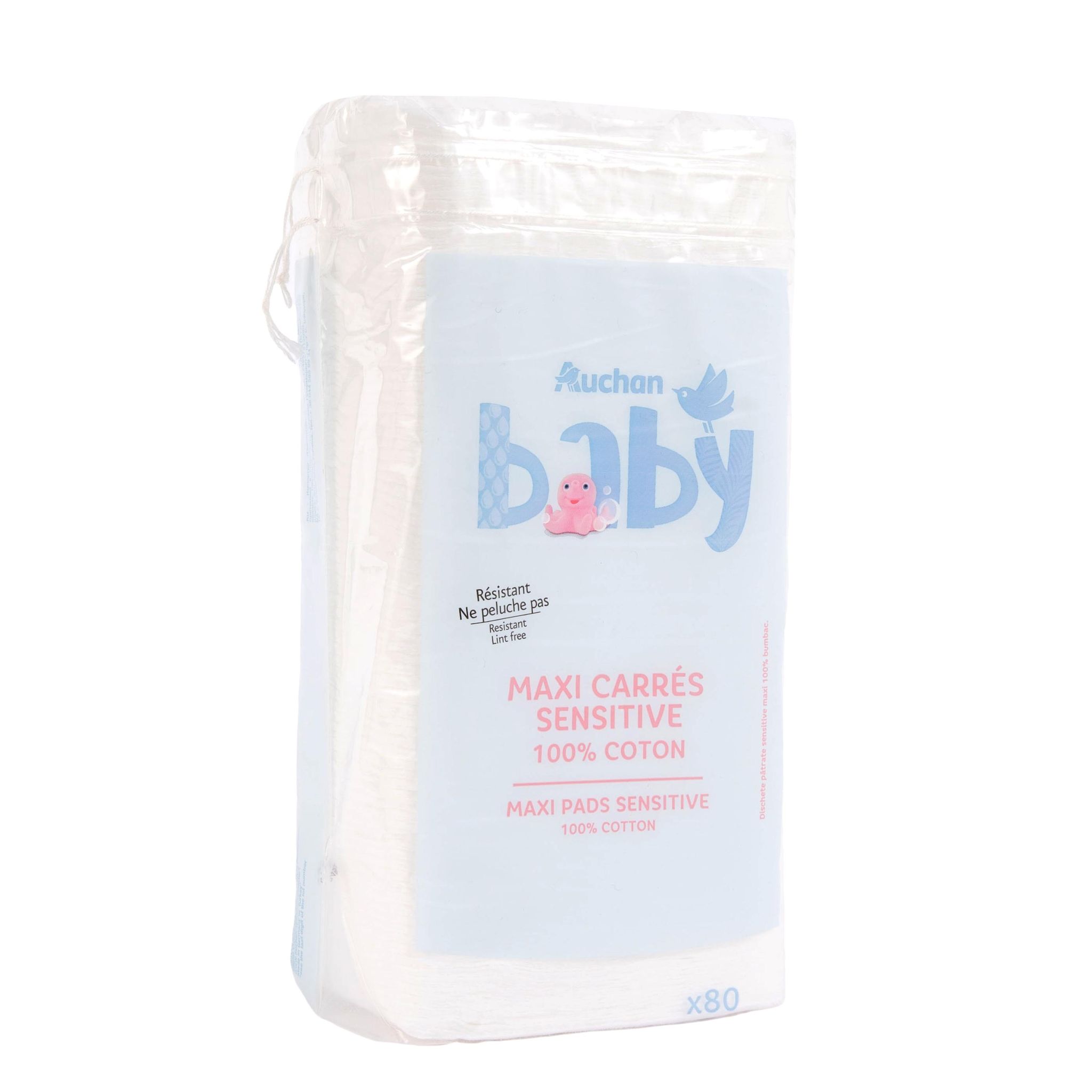 Voir la diapositive 4 : AUCHAN BABY Maxi carrés coton sensitive 100% coton 80 cotons