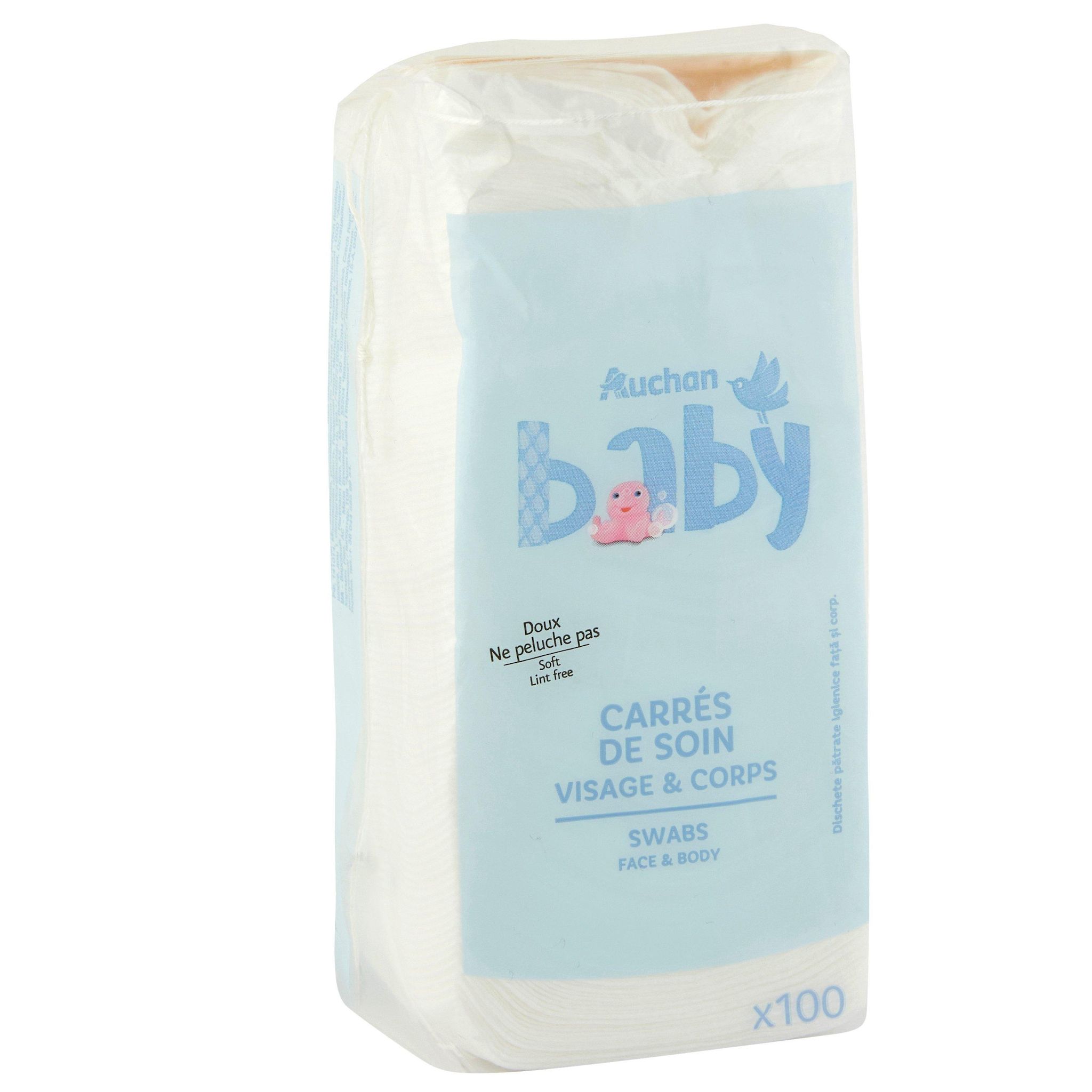 Voir la diapositive 2 : AUCHAN BABY Carrés de coton soin visage et corps 100 cotons