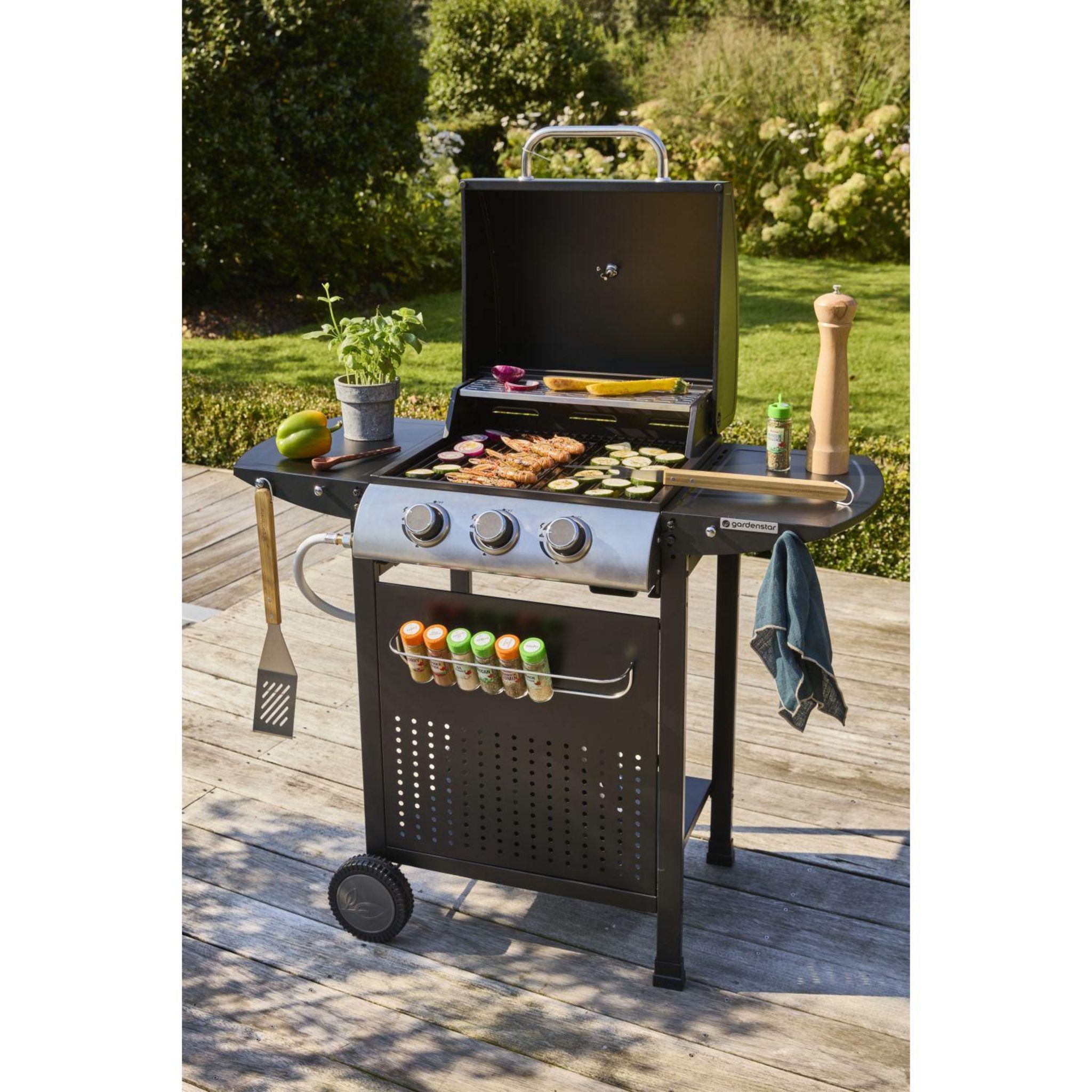 Voir la diapositive 2 : GARDENSTAR Barbecue à gaz en acier 3 brûleurs