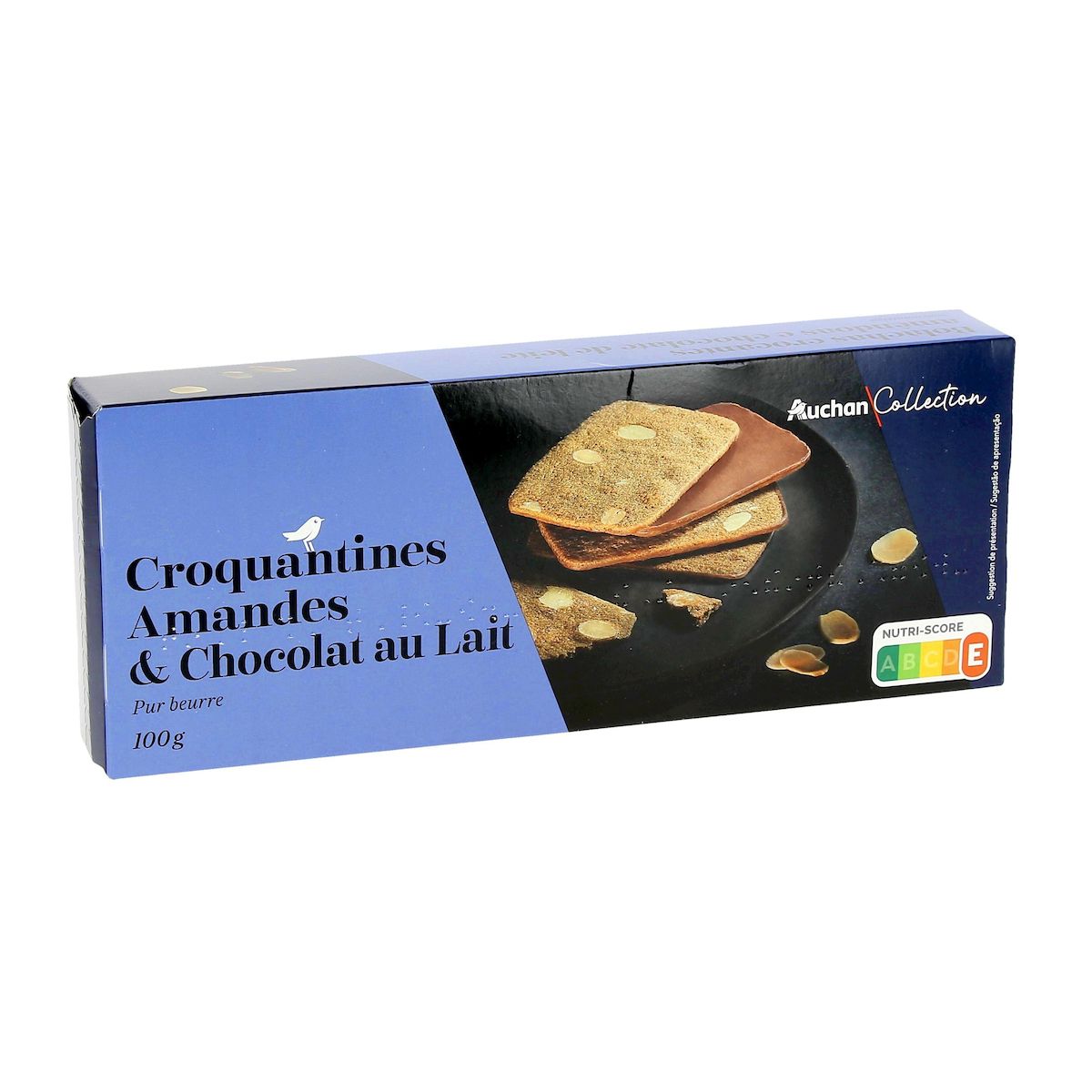 AUCHAN COLLECTION Biscuits croquantines pur beurre aux amandes et chocolat au lait 100g