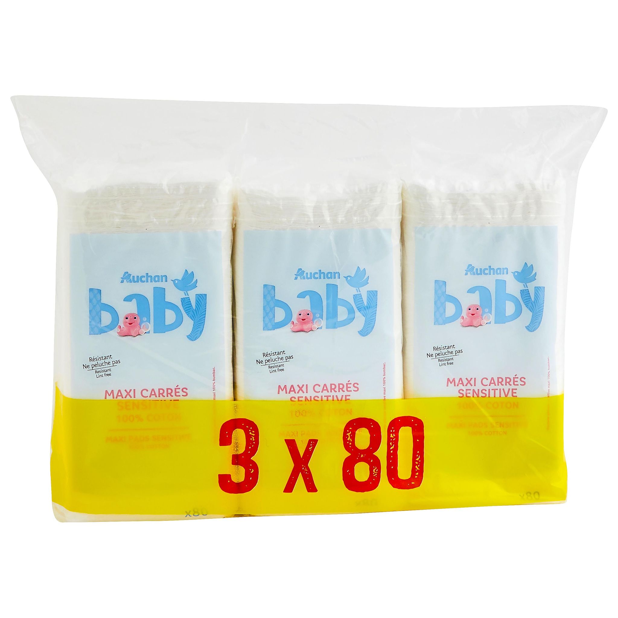Voir la diapositive 3 : AUCHAN BABY Maxi carrés 100% coton sensitive 240 cotons