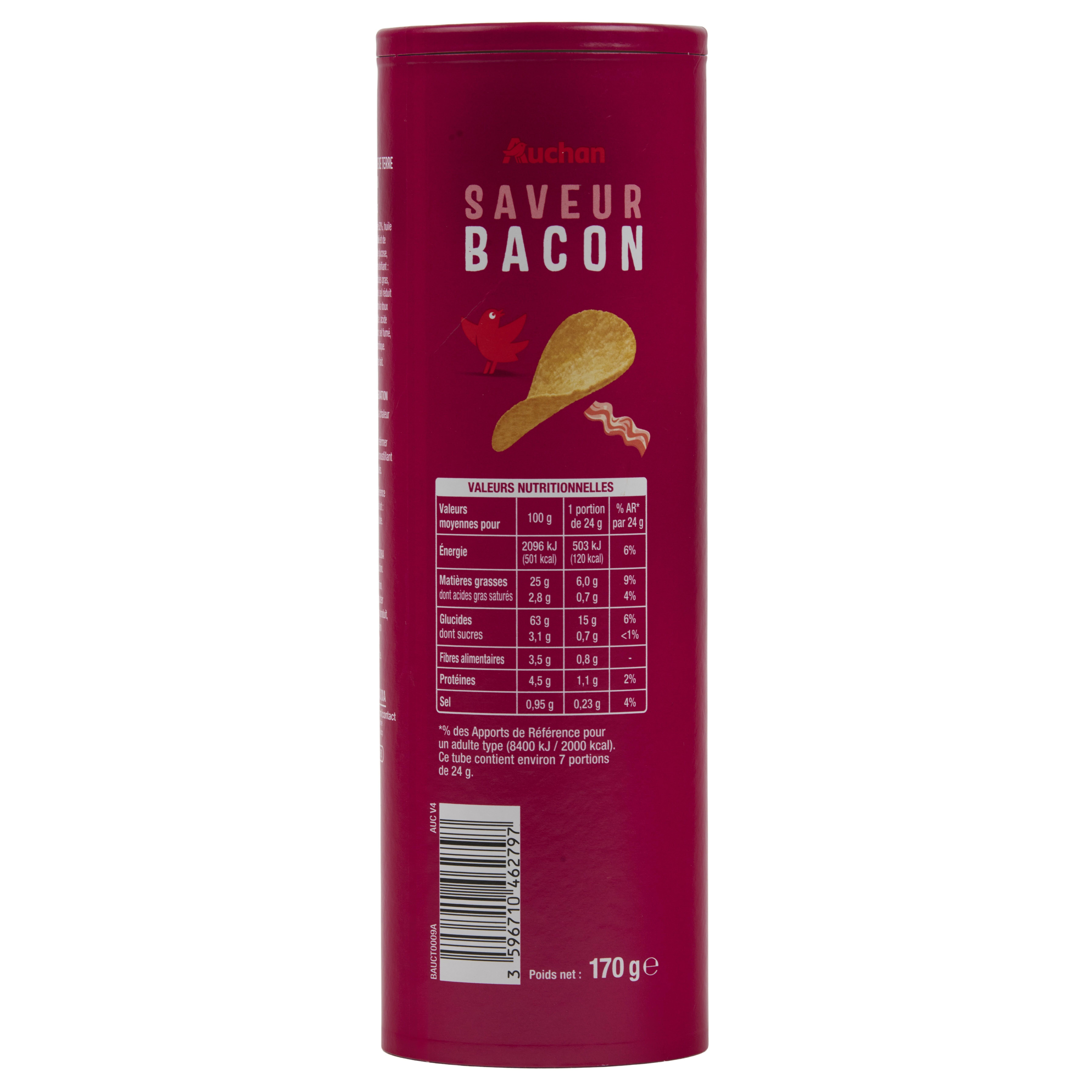 Voir la diapositive 3 : AUCHAN Tuiles saveur bacon 170g