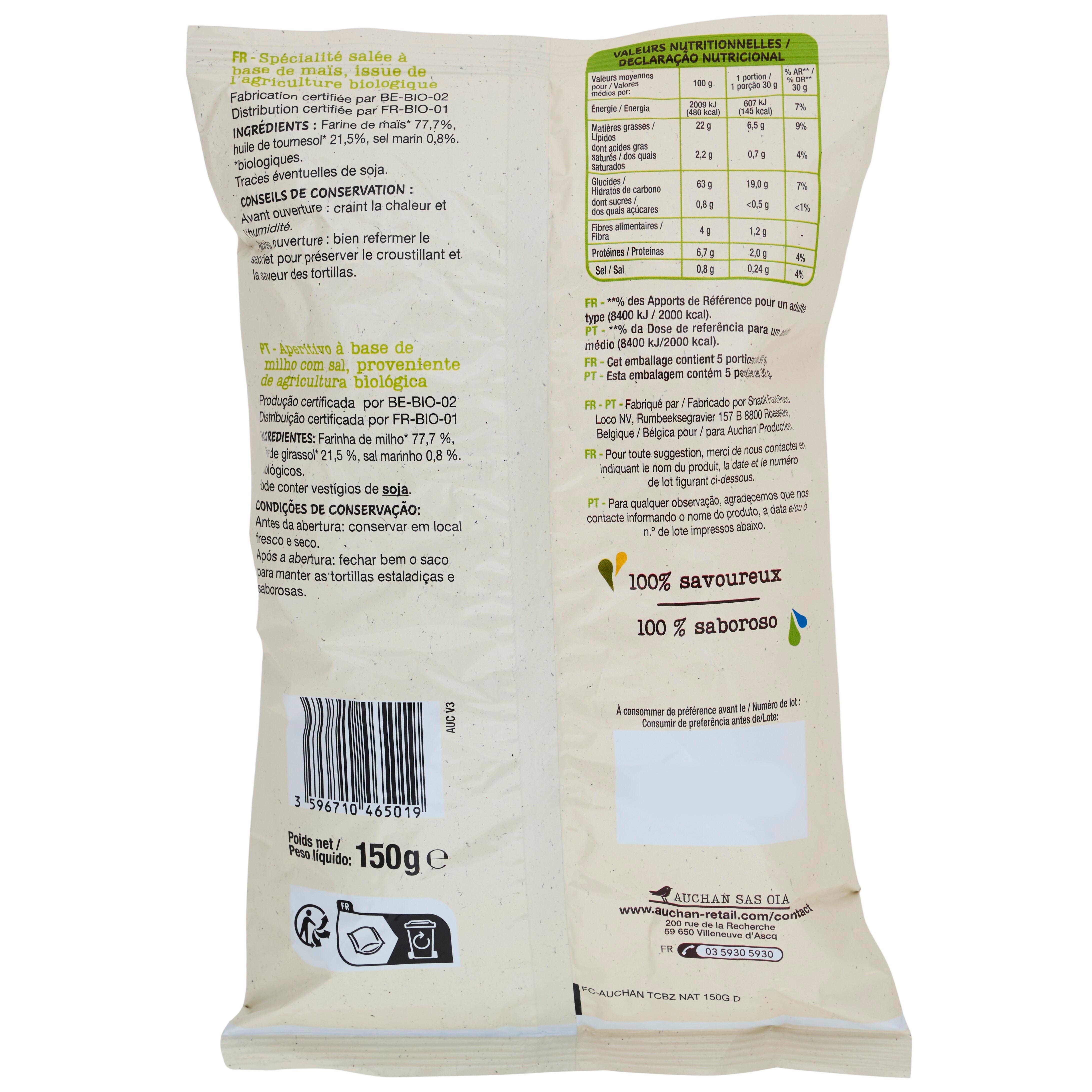 Voir la diapositive 2 : AUCHAN BIO Chips tortillas nature 150g