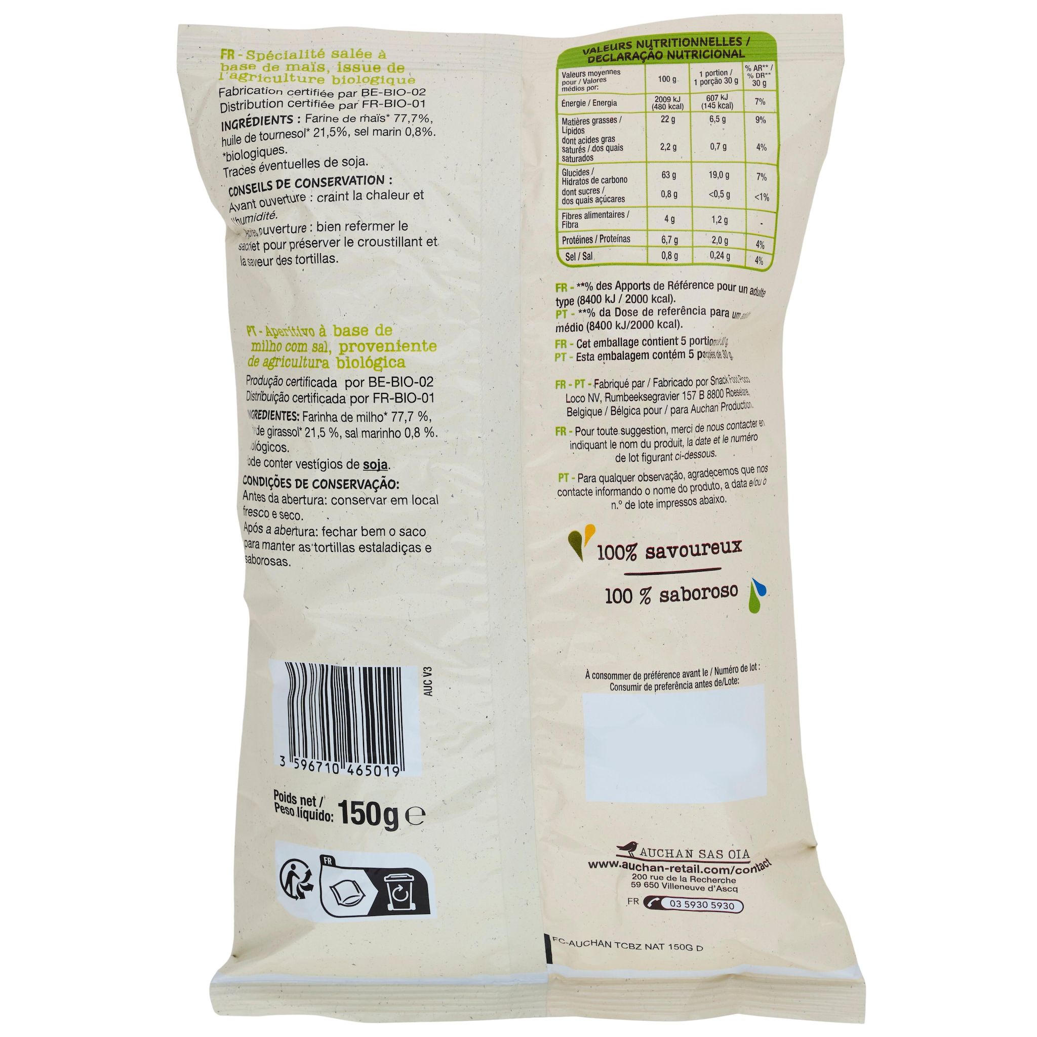Voir la diapositive 3 : AUCHAN BIO Chips tortillas nature 150g