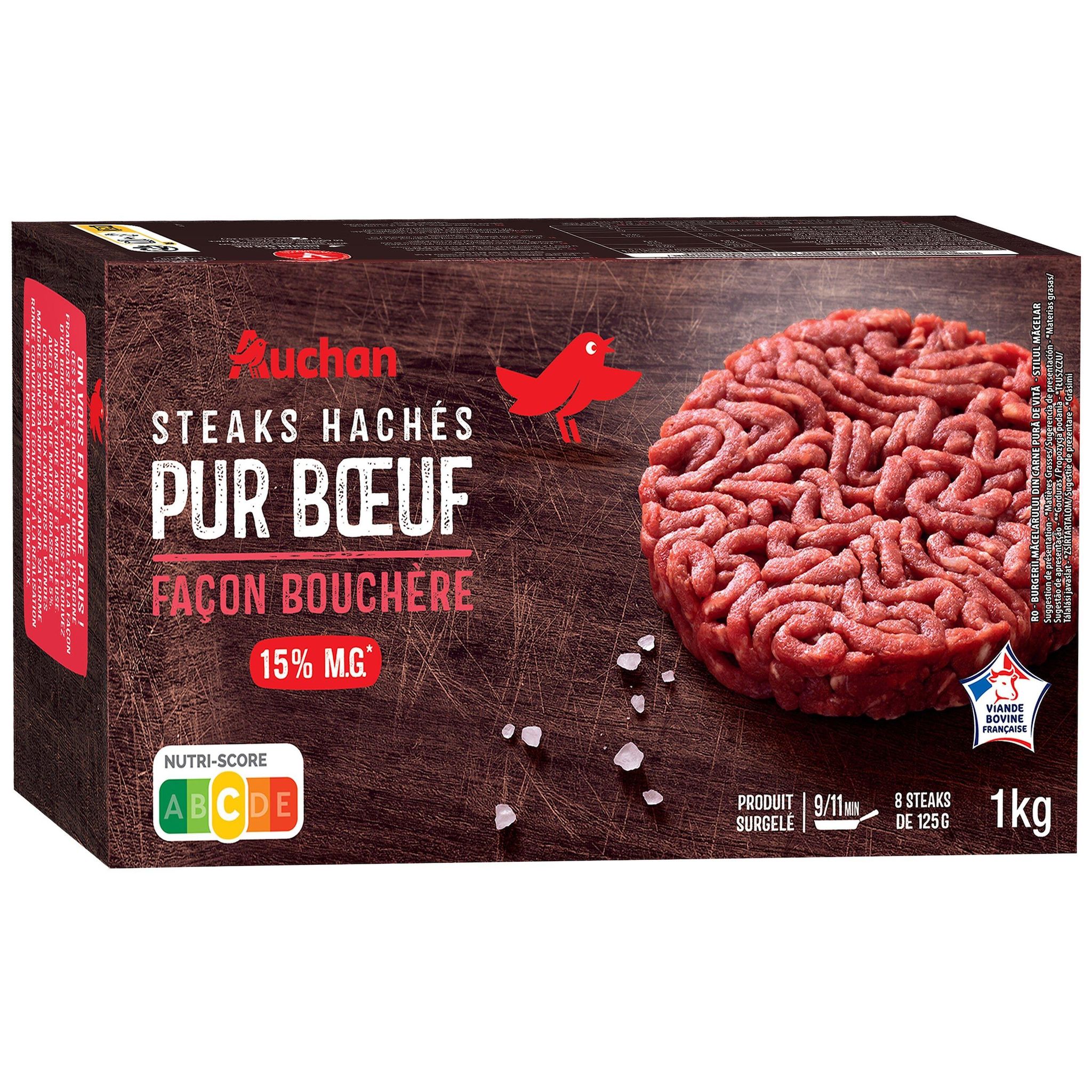 Voir la diapositive 2 : AUCHAN Steaks hachés pur bœuf façon bouchère 15% mg 8 pièces 1kg
