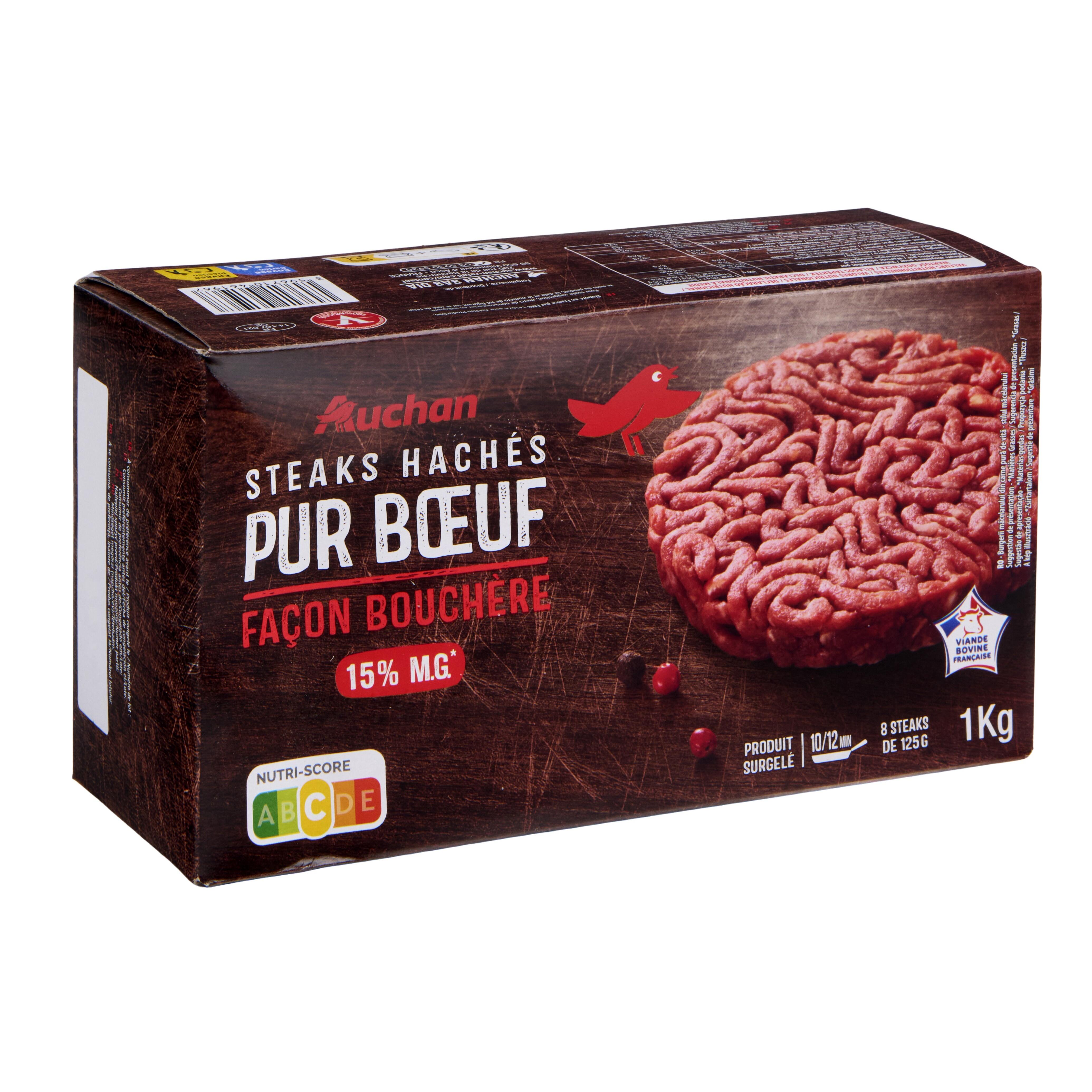 Voir la diapositive 4 : AUCHAN Steaks hachés pur bœuf façon bouchère 15% mg 8 pièces 1kg