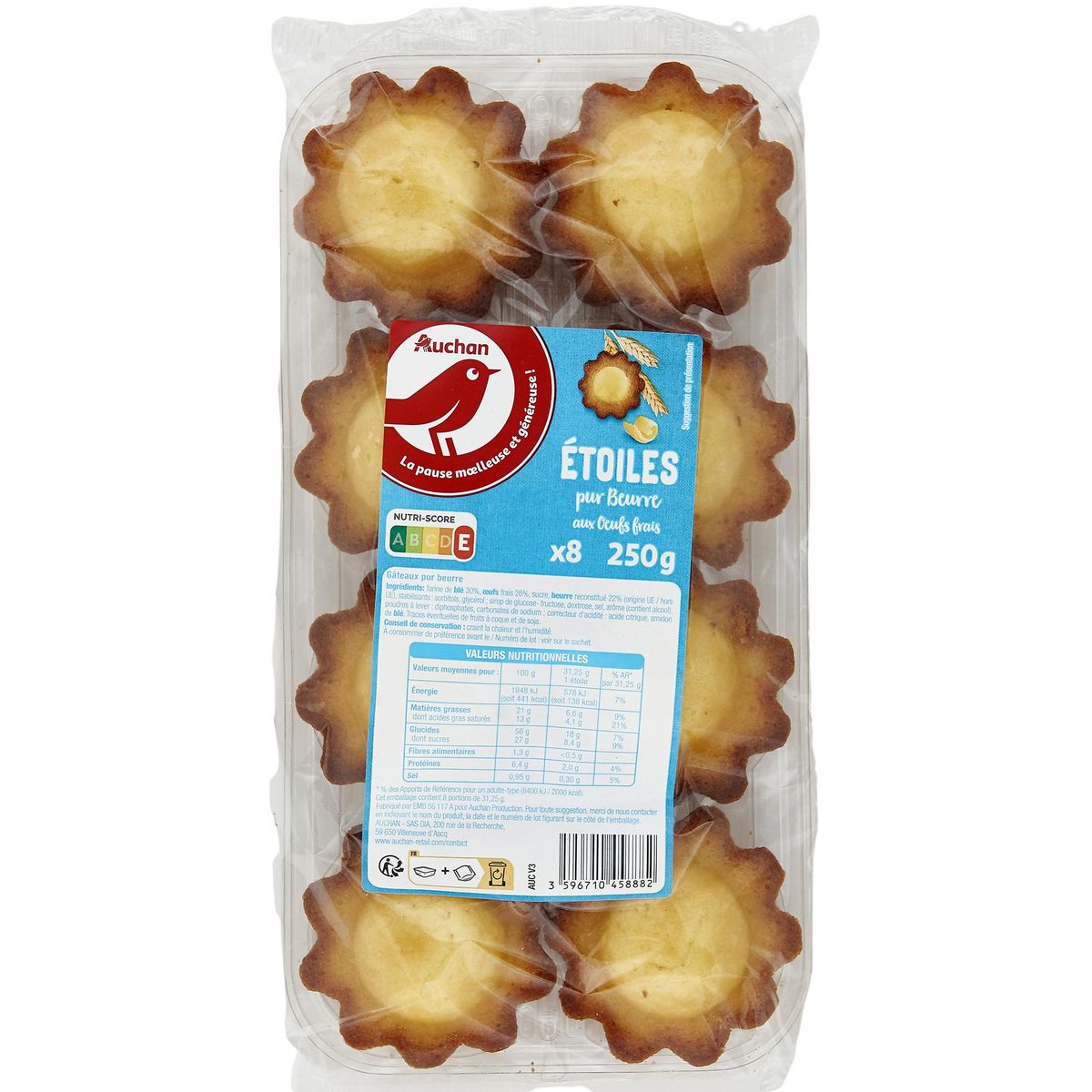 AUCHAN Madeleines étoiles pur beurre 8 pièces 250g