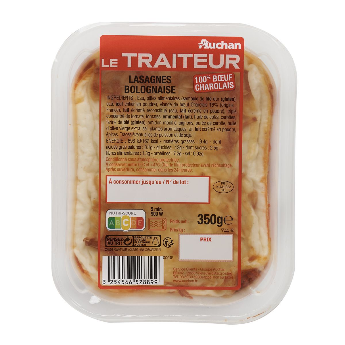 AUCHAN LE TRAITEUR Lasagne à la bolognaise bœuf Charolais 1 part 350g