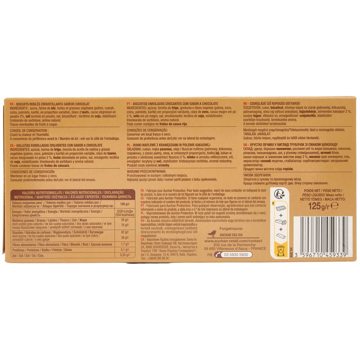 AUCHAN Cigarettes gourmandes au chocolat 14 biscuits 125g