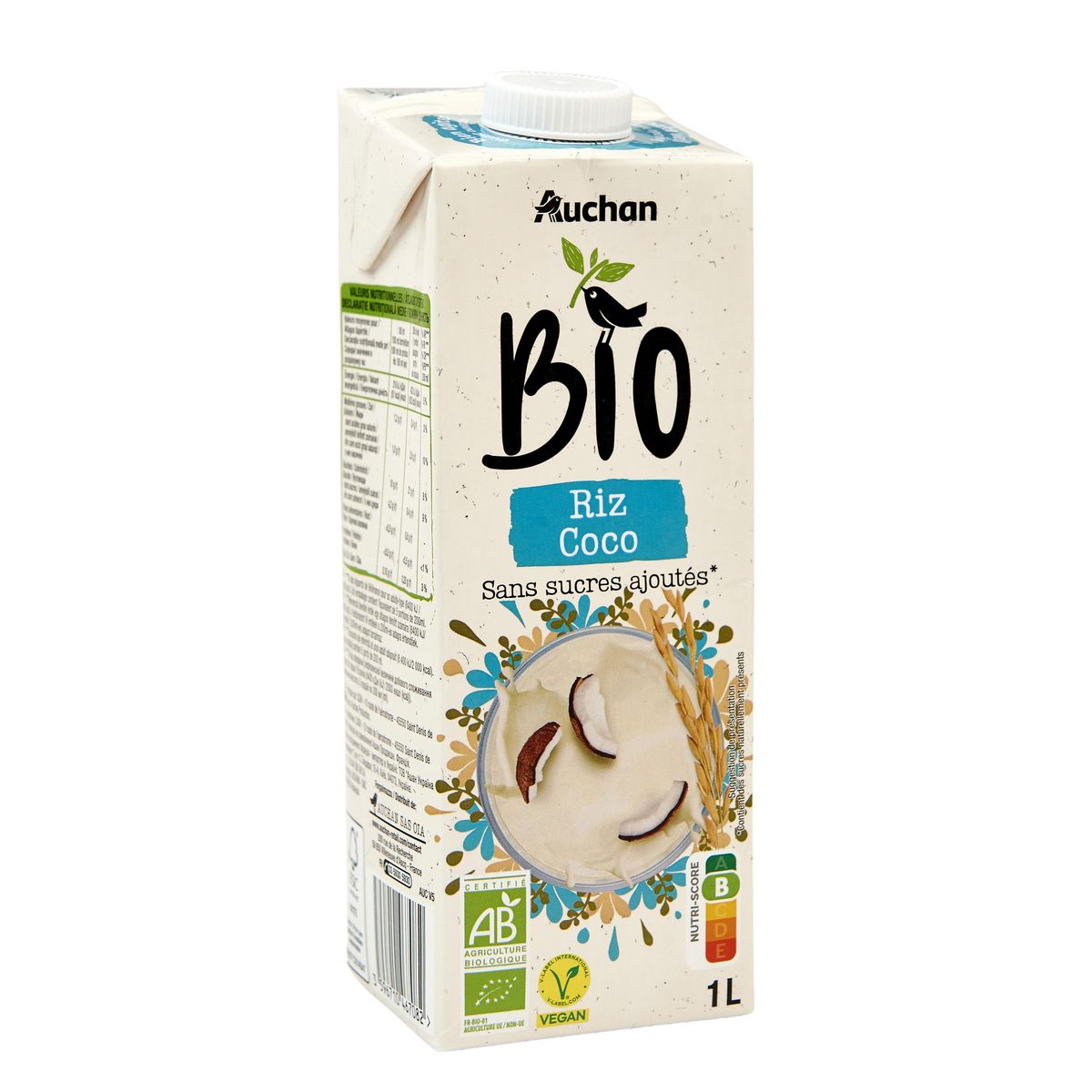 AUCHAN BIO Boisson riz coco sans sucres ajoutés 1l