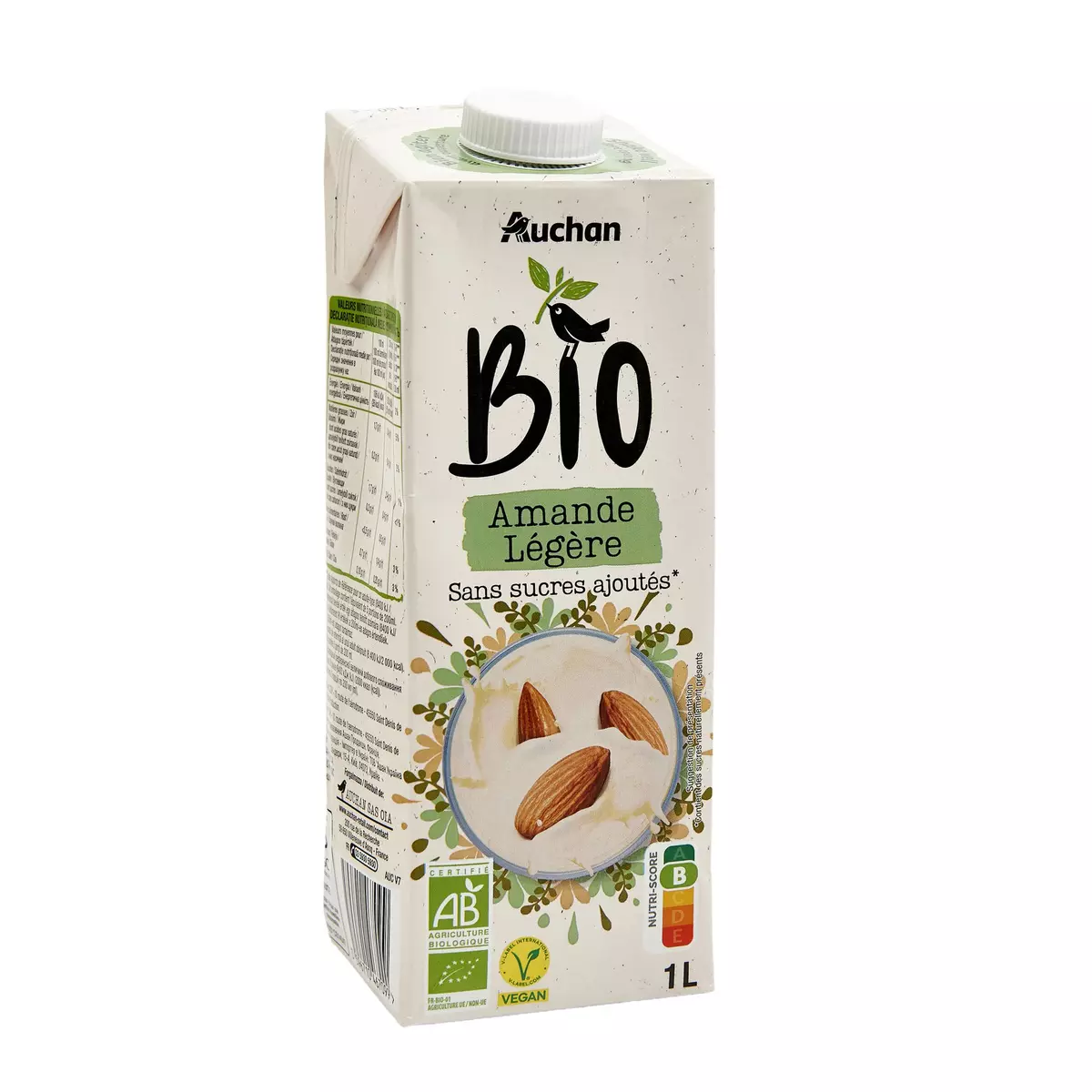 AUCHAN BIO Boisson lait d'amande légère sans sucres ajoutés bio 1l