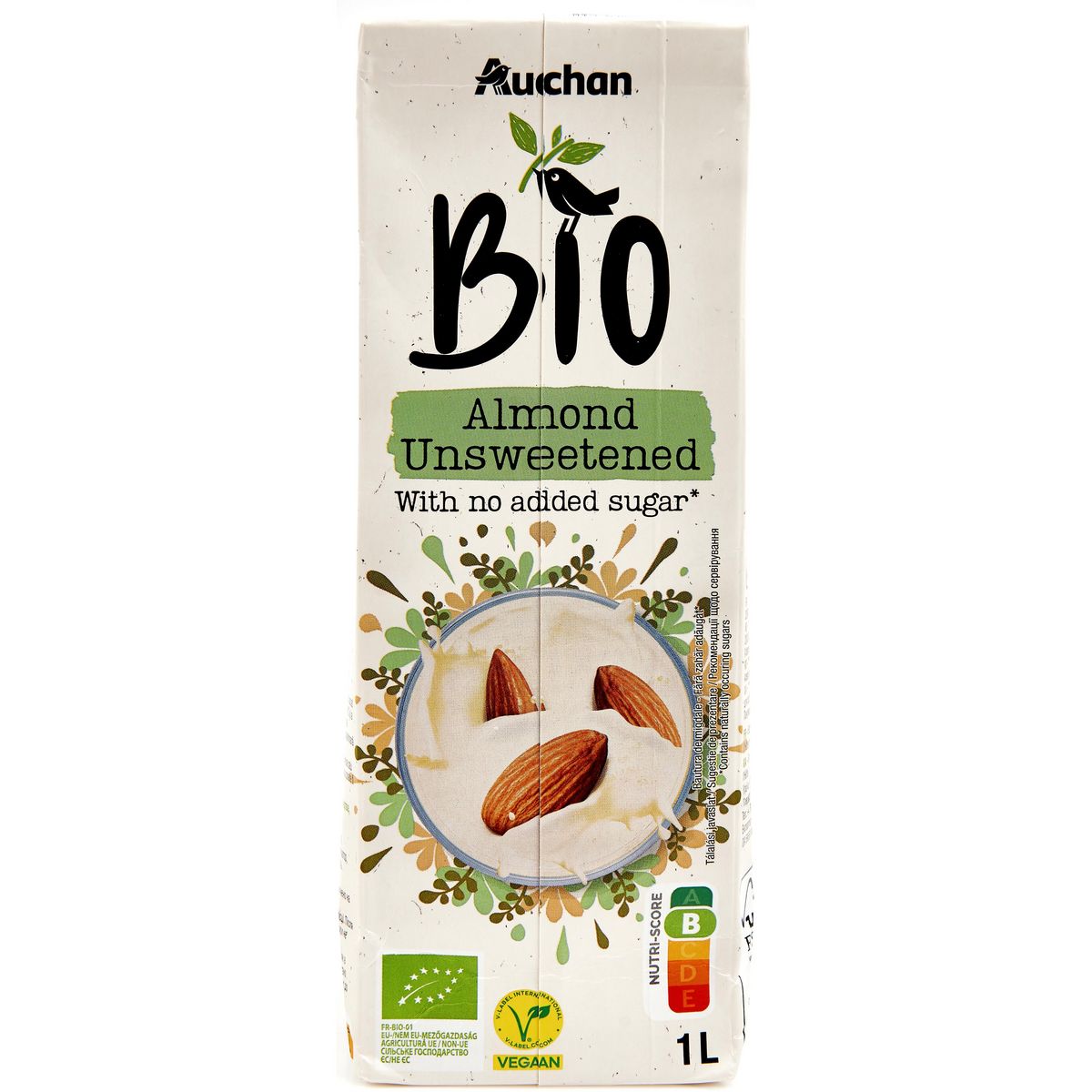 AUCHAN BIO Boisson lait d'amande légère sans sucres ajoutés bio 1l