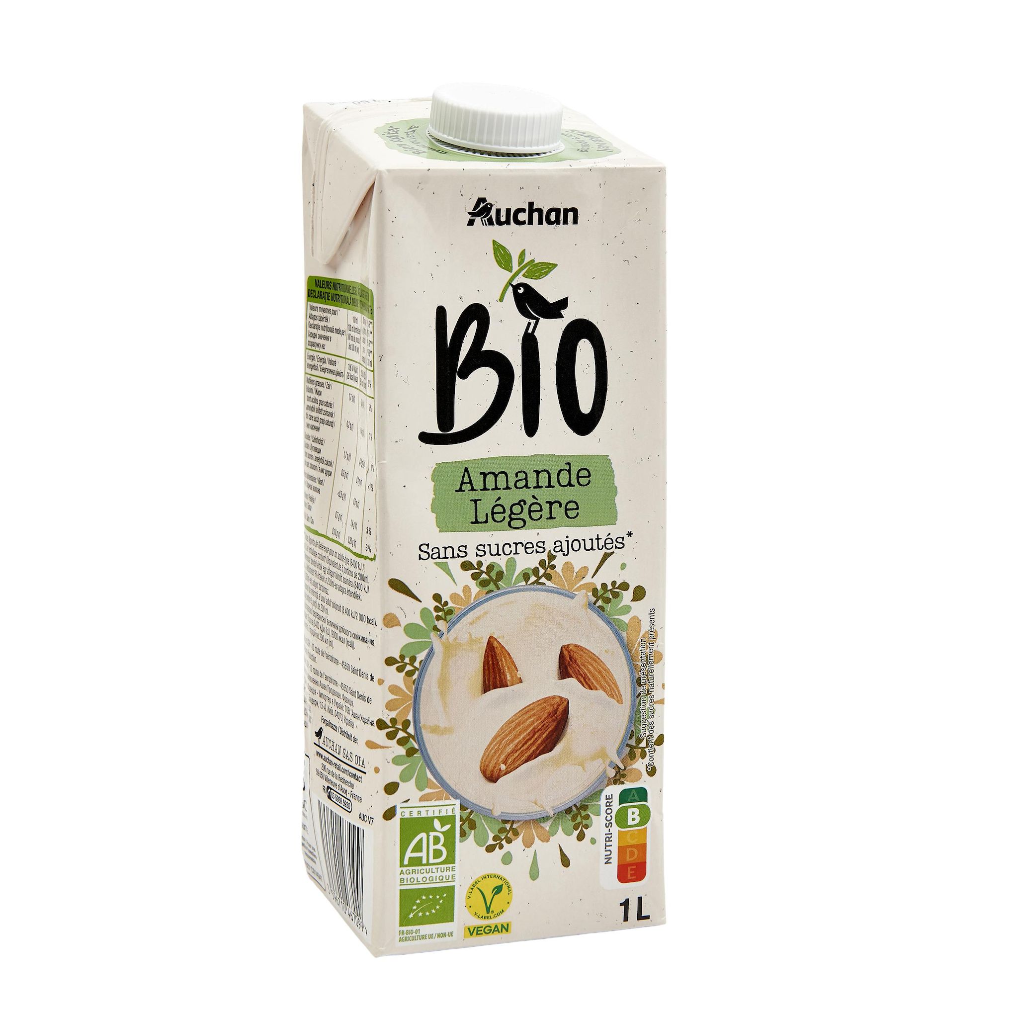Voir la diapositive 4 : AUCHAN BIO Boisson lait d'amande légère sans sucres ajoutés bio 1l